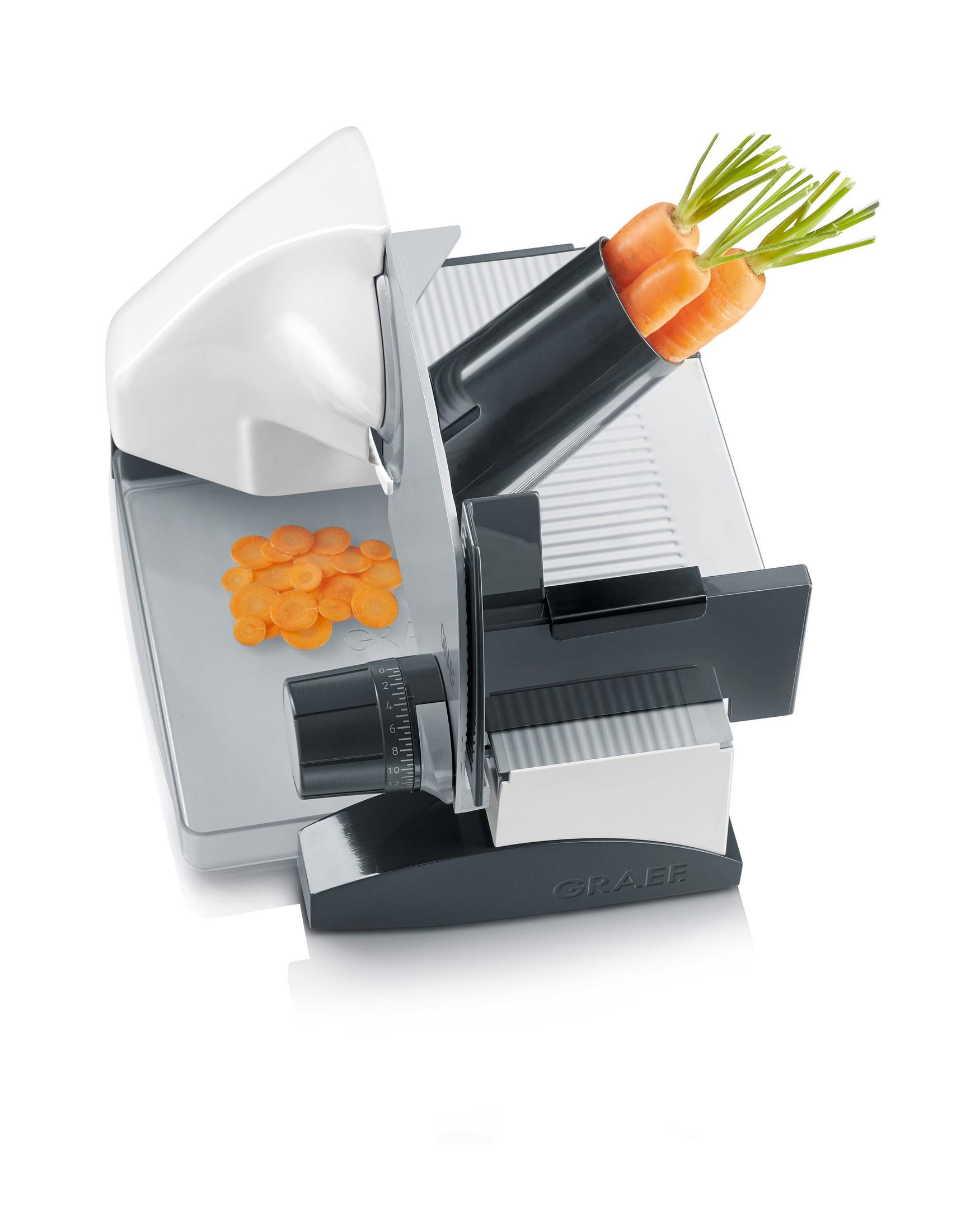 Biało-szara krajalnica z krojonymi marchewkami.