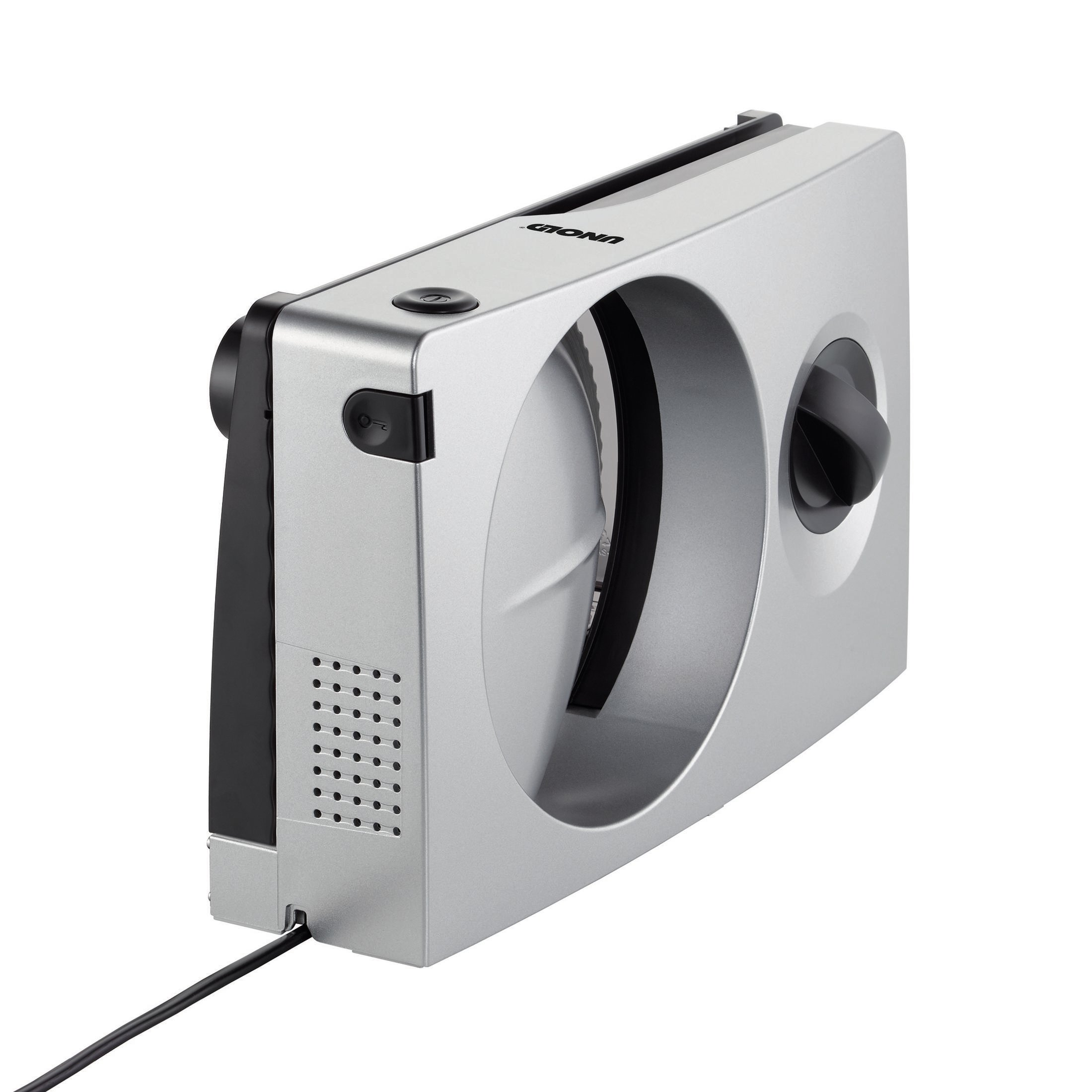 Srebrna krajalnica do mięsa z czarnym uchwytem i elementami sterującymi. Tło jest białe.