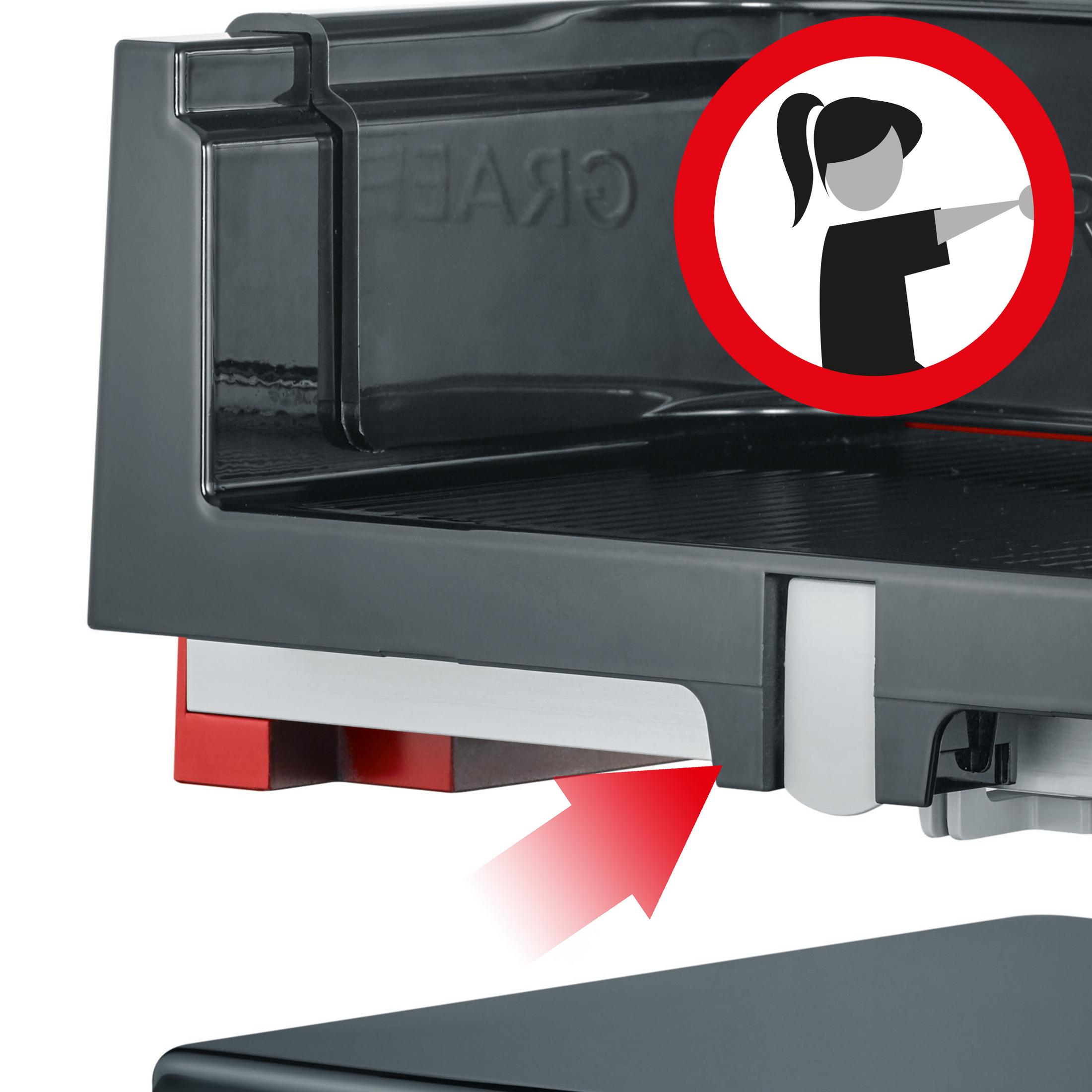 Ciemnoszara szuflada z czerwoną strzałką wskazującą na biało-szarą część, znak pokazujący wskazującą kobietę.