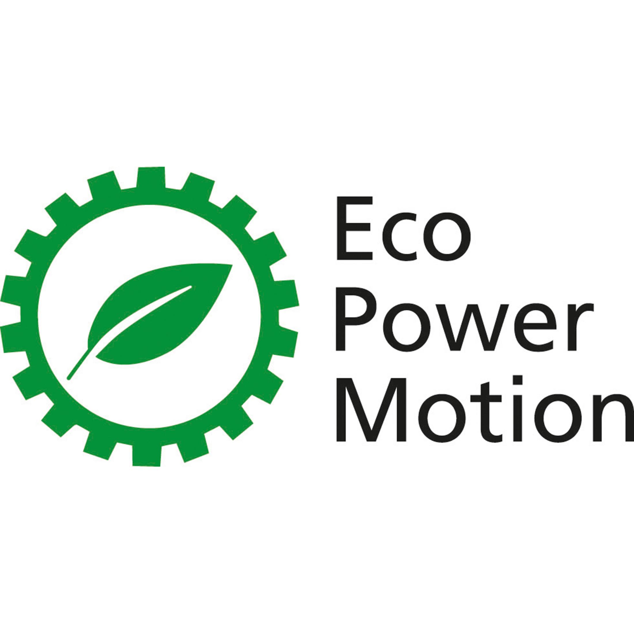 Zielone koło zębate z liściem w środku i tekstem 'Eco Power Motion' obok.