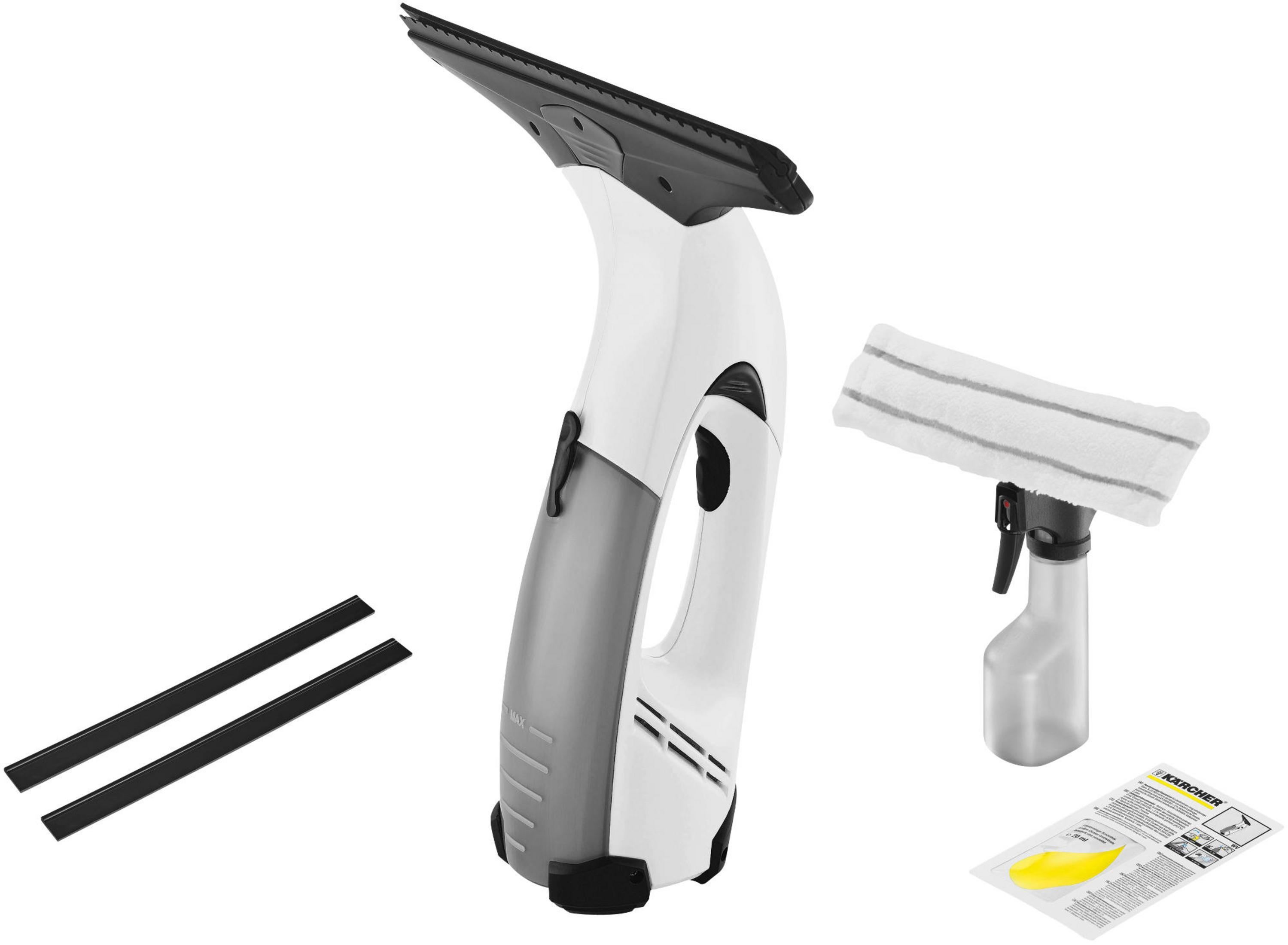 Biało-szara myjka do okien z akcesoriami. Zawiera butelkę z rozpylaczem i dwa czarne pióra wycieraczek.