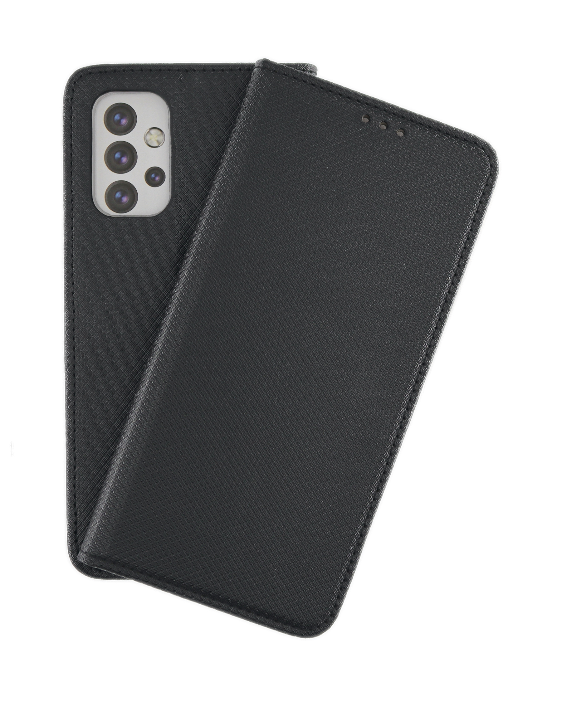 Eine schwarze Telefonhülle, geöffnet, mit einem sichtbaren Telefon, vor weißem Hintergrund.