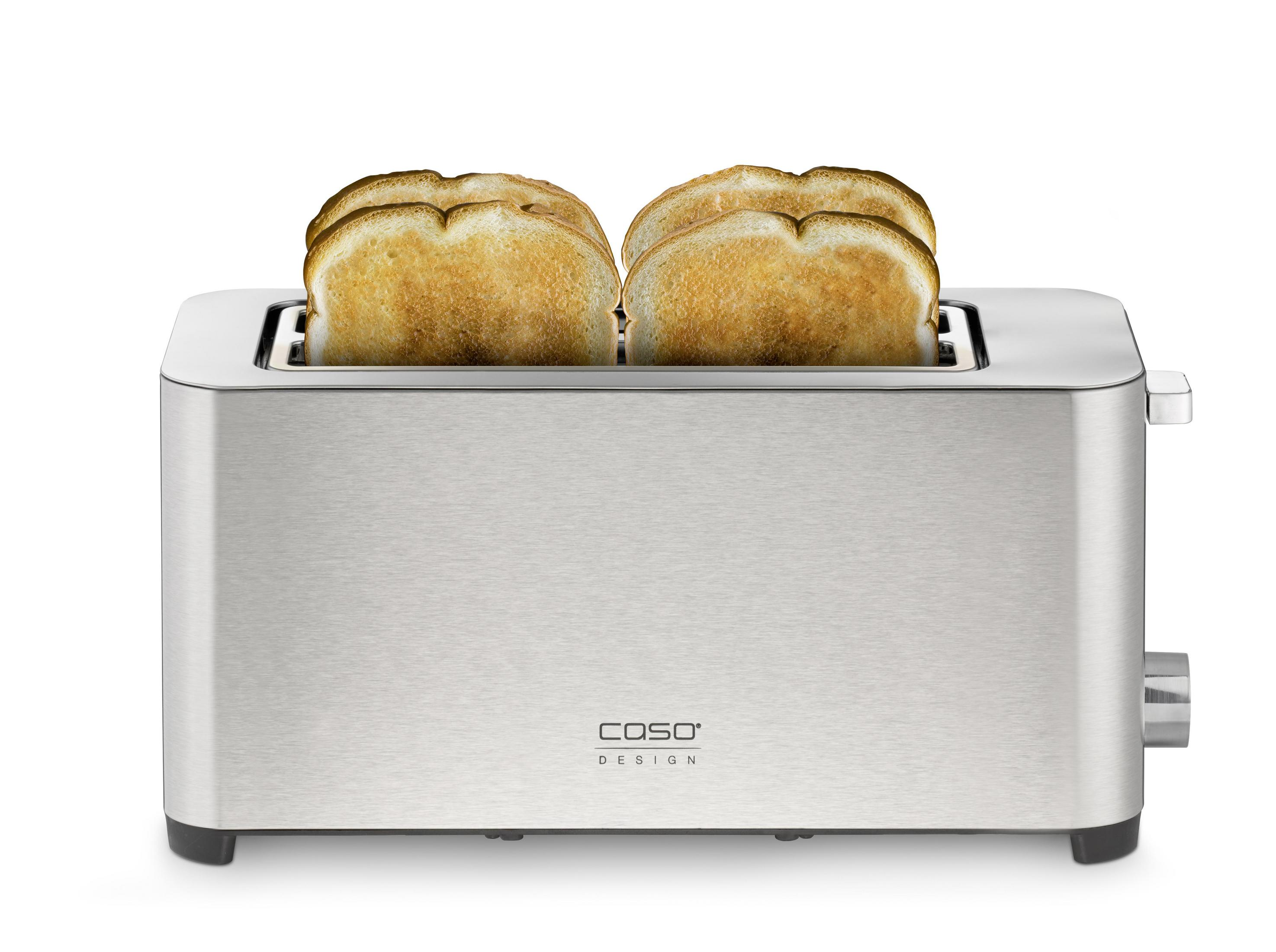 Tostapane argentato con due fette di pane tostato. Sfondo bianco.