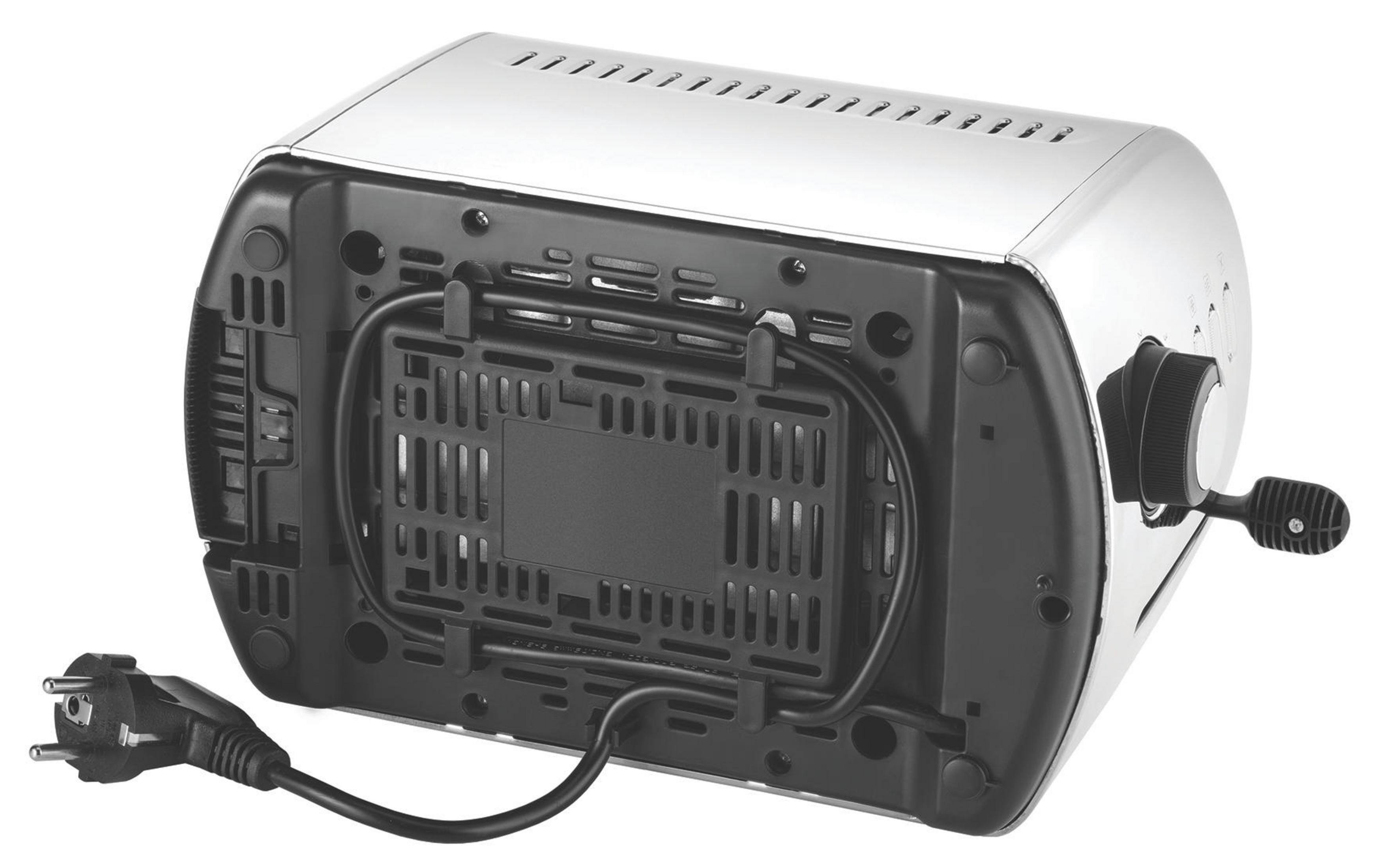 Widok od spodu chromowanego tostera. Pokazuje podstawę, przewód zasilający i czarny panel.