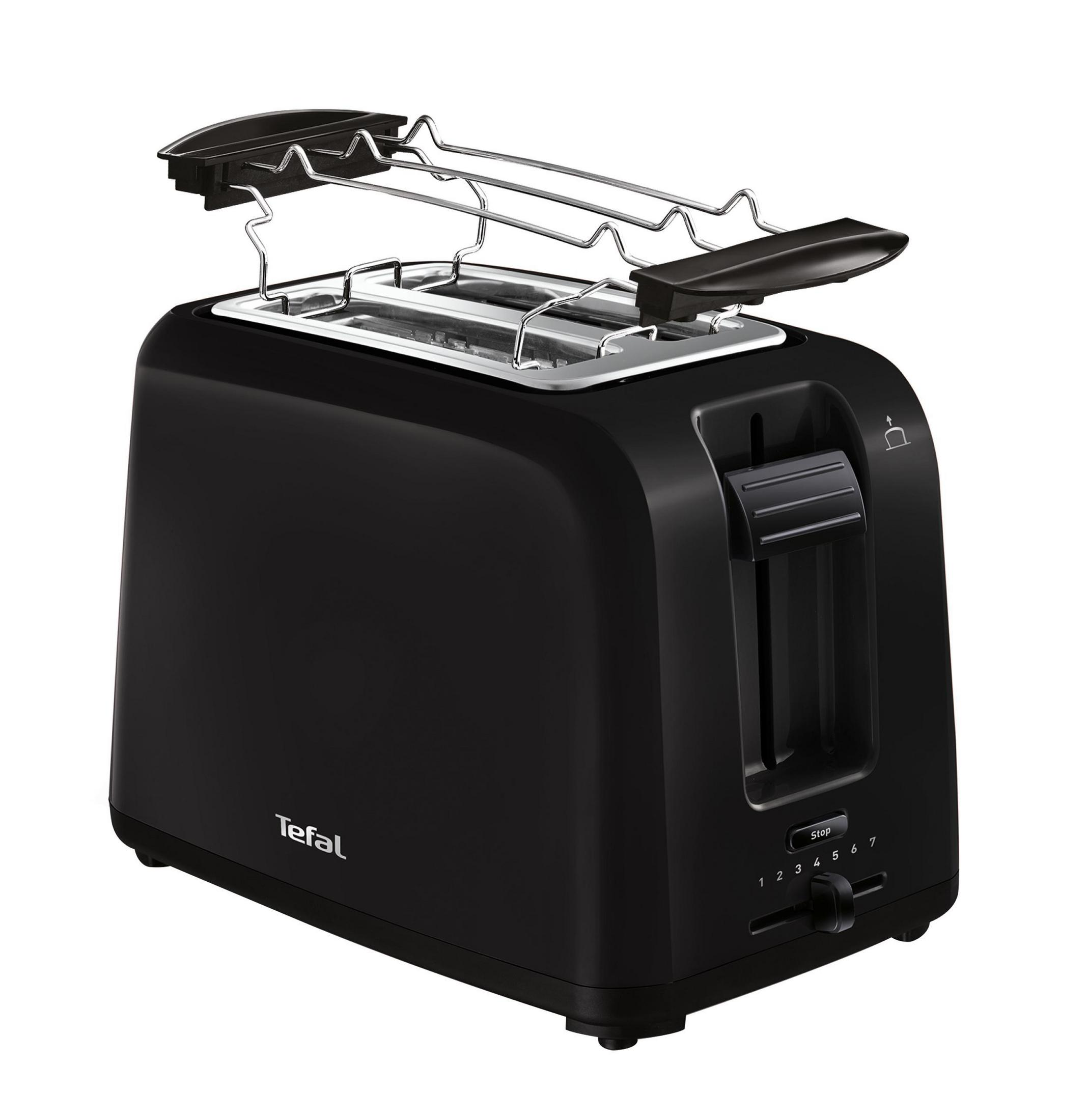 Ein schwarzer Tefal-Toaster mit hochgeklappten Brothaltern.