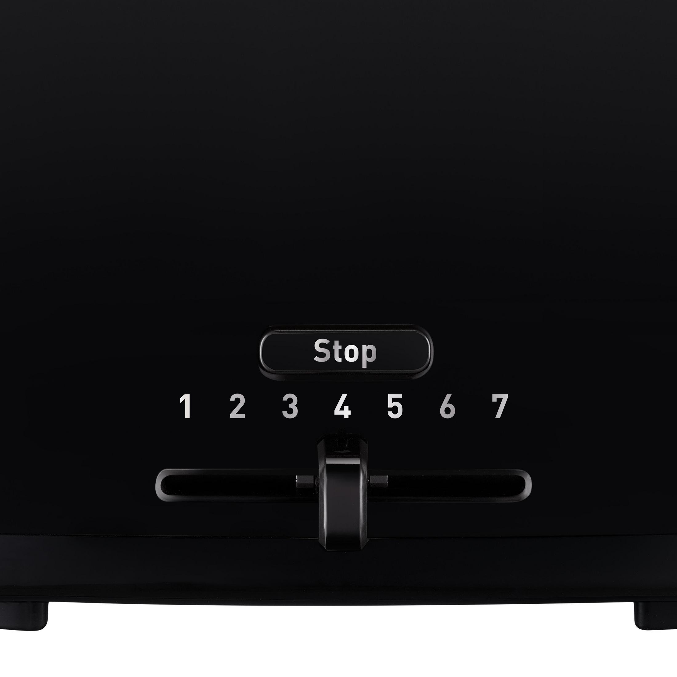 Schwarze Toaster-Bedienelemente. Die Zahlen 1-7 und eine Stopptaste sind sichtbar.