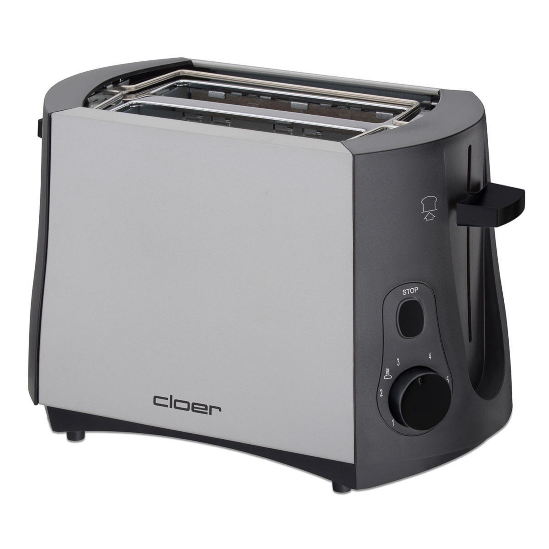 Silber-schwarzer Toaster mit Drehregler und Hebel. Steht auf weißem Untergrund, Marke 'cloer'.