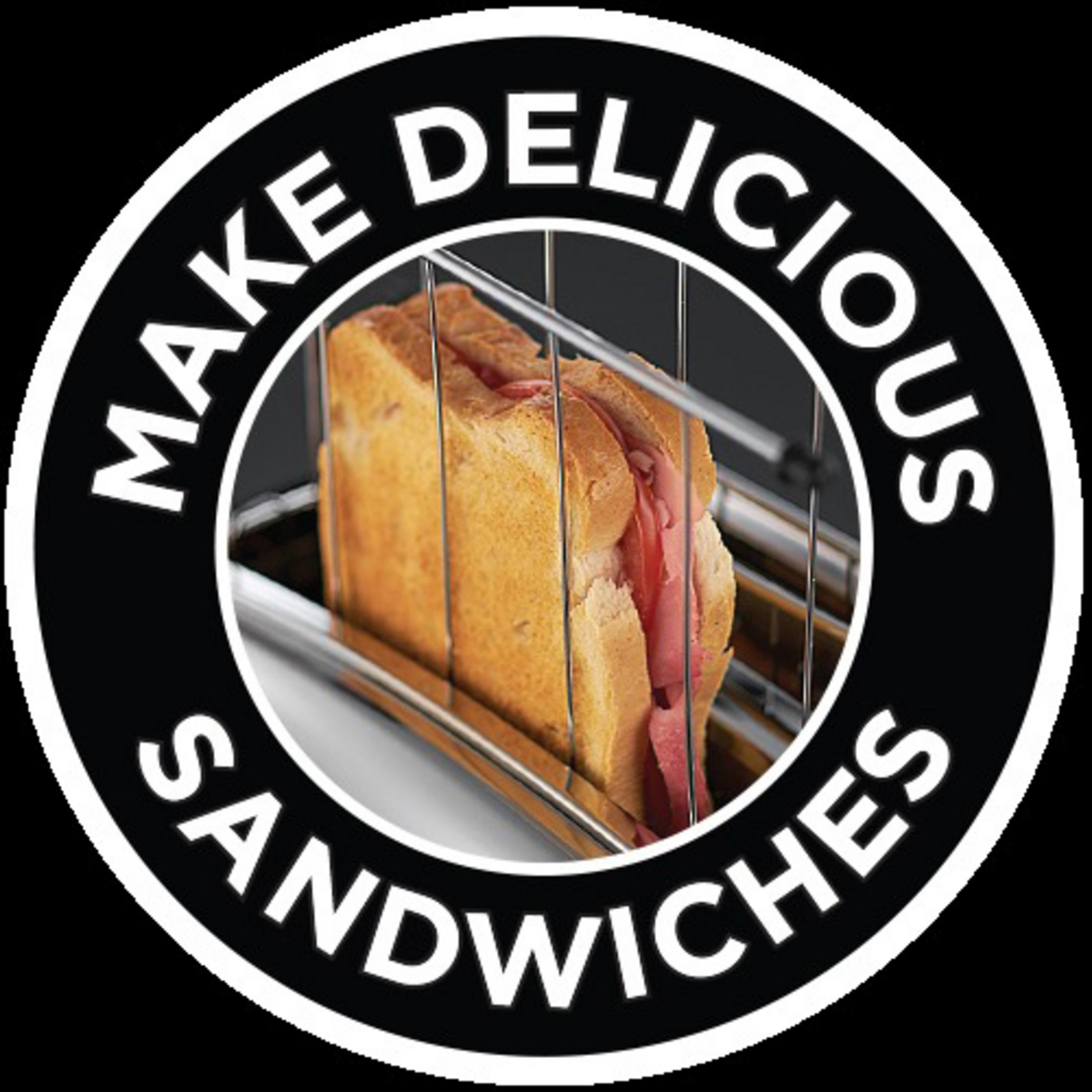 Okrągła czarna odznaka z napisem "MAKE DELICIOUS SANDWICHES" wokół kanapki w tosterze.