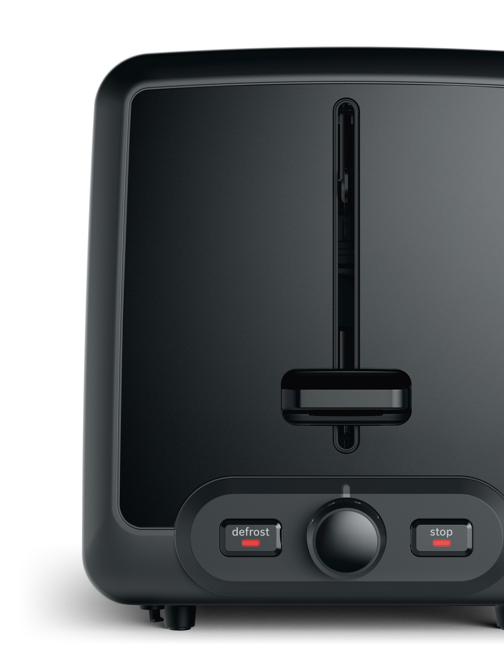 Czarny toster z przyciskiem rozmrażania i zatrzymania na białym tle.