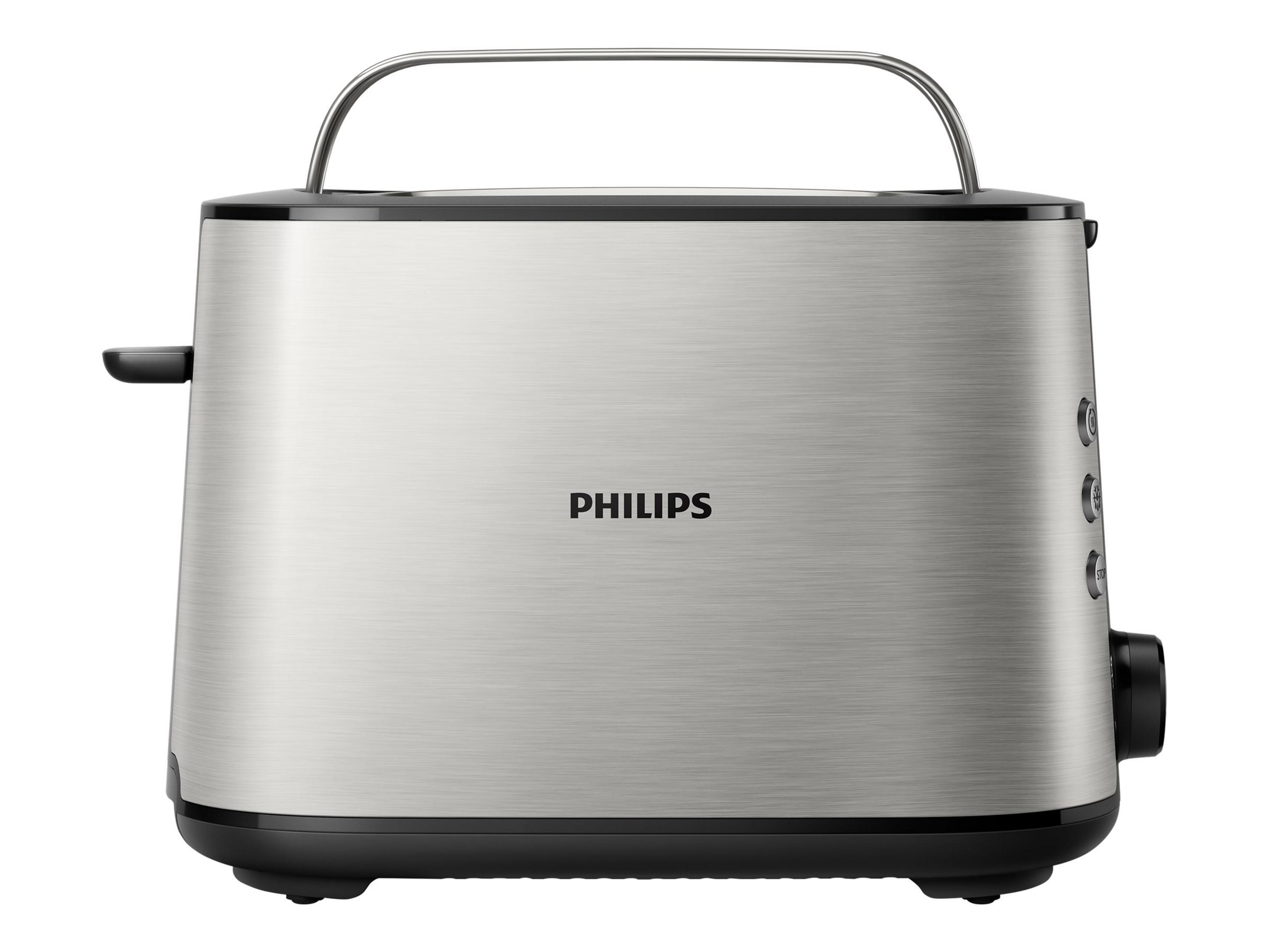 Ein silberner Philips Toaster mit Griff. Es hat schwarze Akzente und Steuertasten. Der Markenname ist sichtbar.