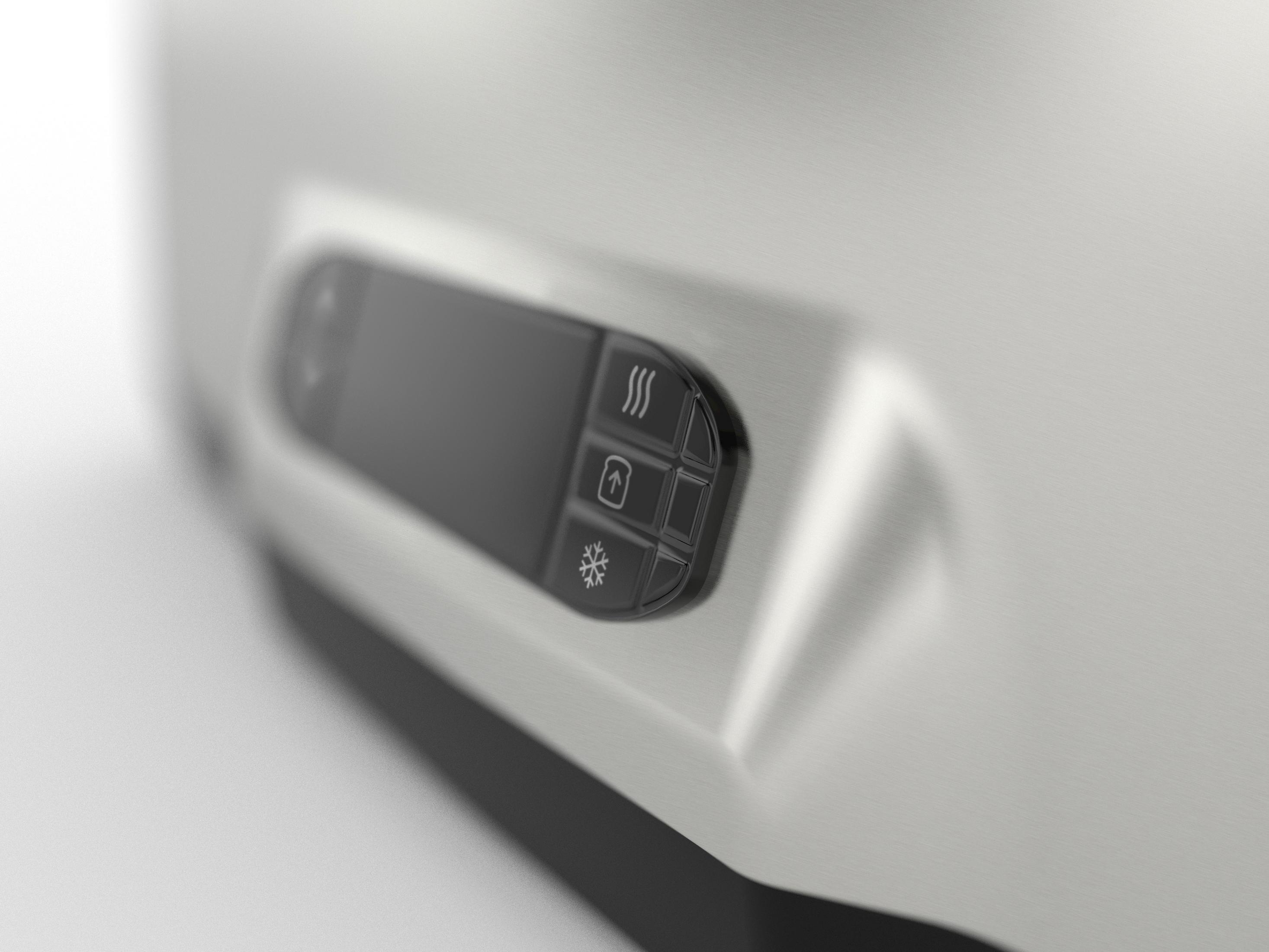 Primer plano de un electrodoméstico blanco con un panel de control negro. Tiene botones con iconos y una pantalla pequeña.