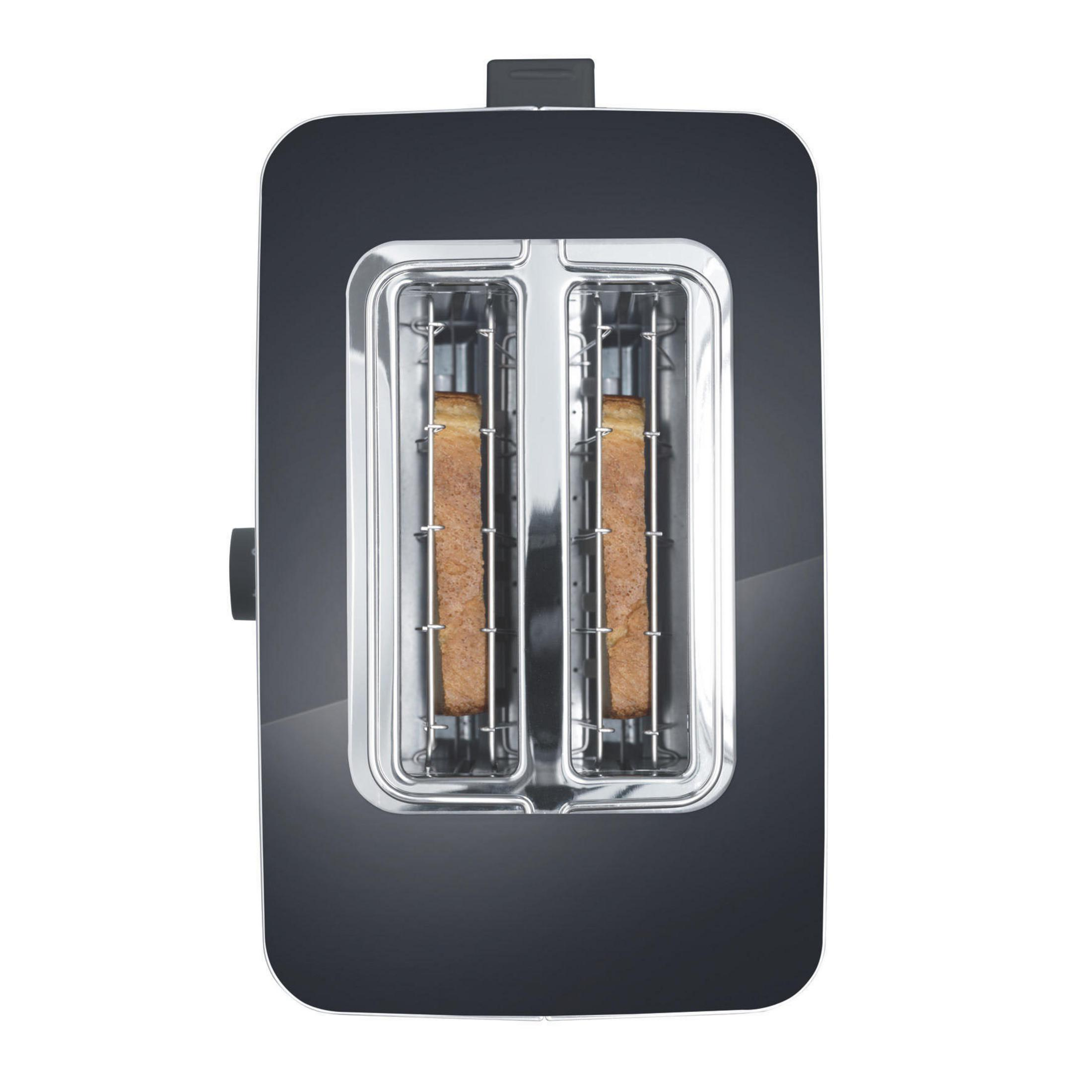 Czarny toster, widok z góry, z dwoma kromkami tostowanego chleba.