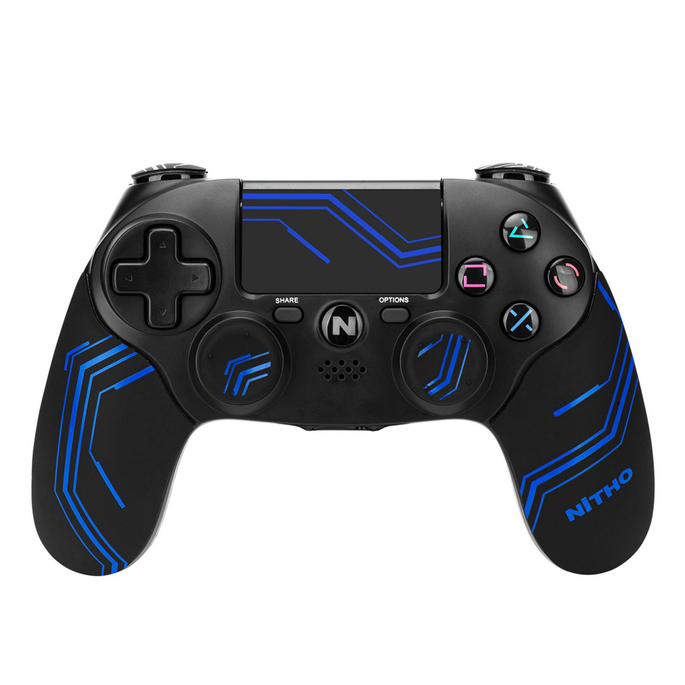Schwarzer Gamecontroller mit blauen Akzenten. Er hat Tasten, ein Steuerkreuz und zwei Analogsticks.