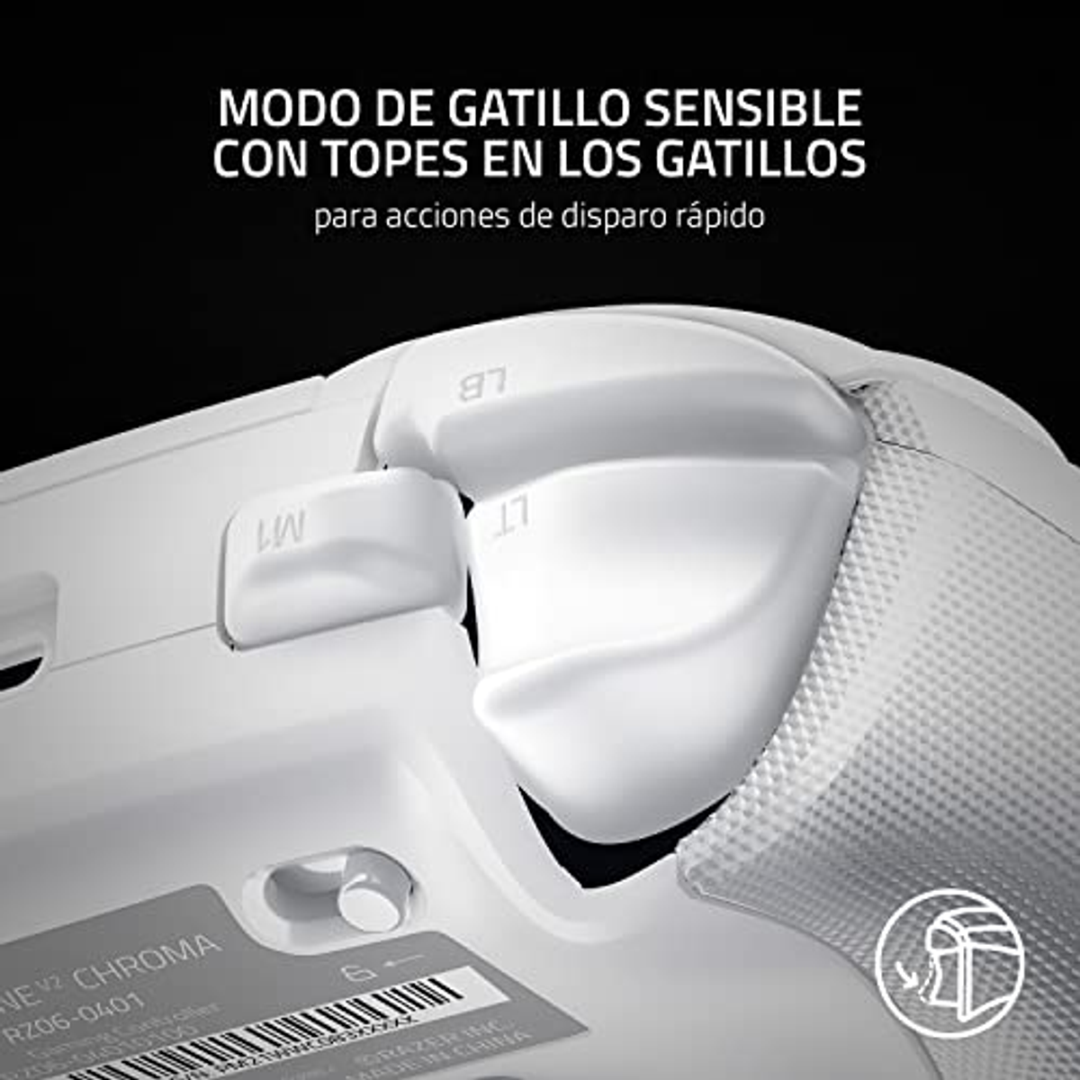 Weißer Gamecontroller mit Auslöseknöpfen. Text lautet 'Sensibler Triggermodus'.