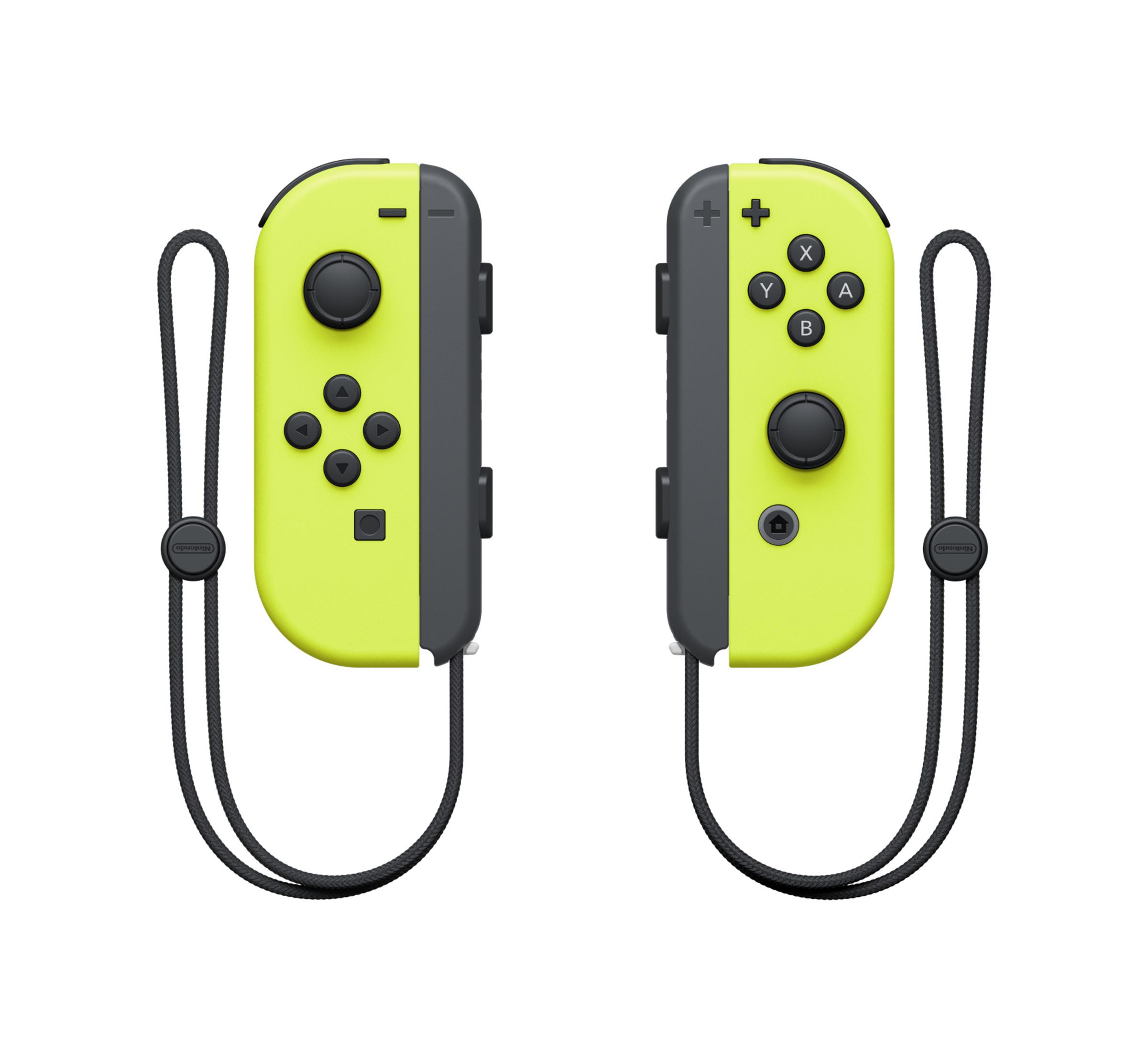 Zwei neongelbe und graue Nintendo Switch Joy-Cons mit schwarzen Riemen.