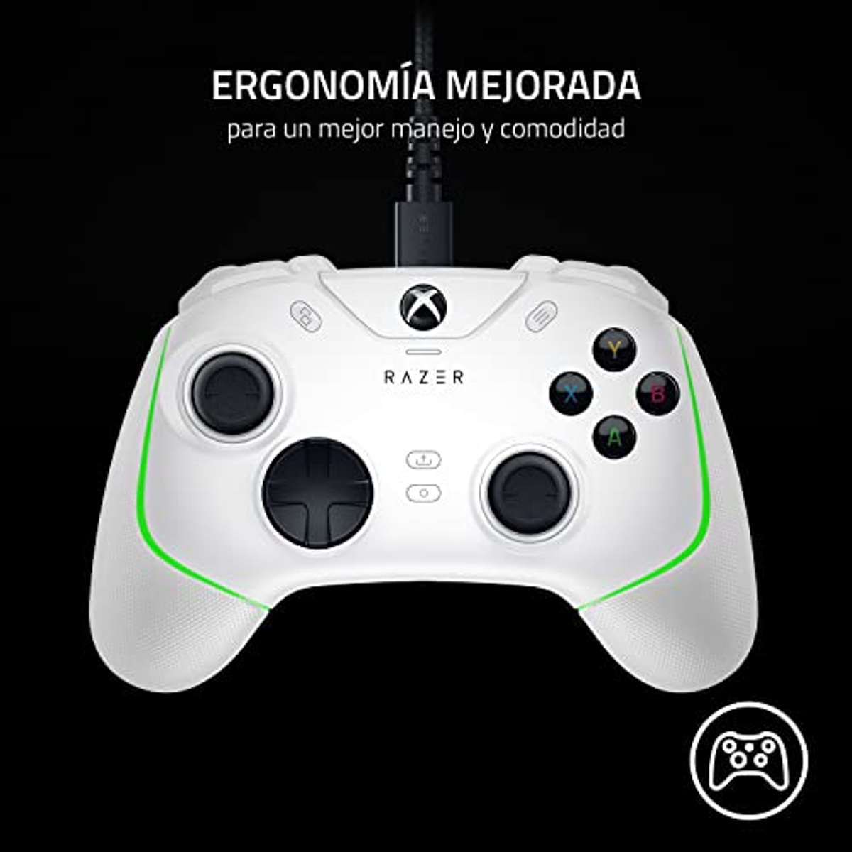 Ein weißer Xbox-Controller mit grünen Akzenten auf schwarzem Hintergrund. Die Tasten sind sichtbar.