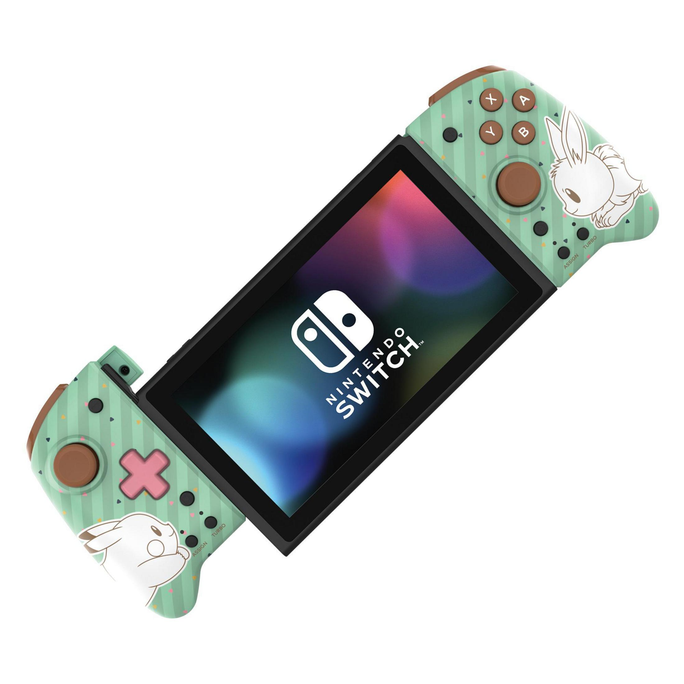 Nintendo Switch z zielonymi Joy-Conami z motywem królika, widok pod kątem.