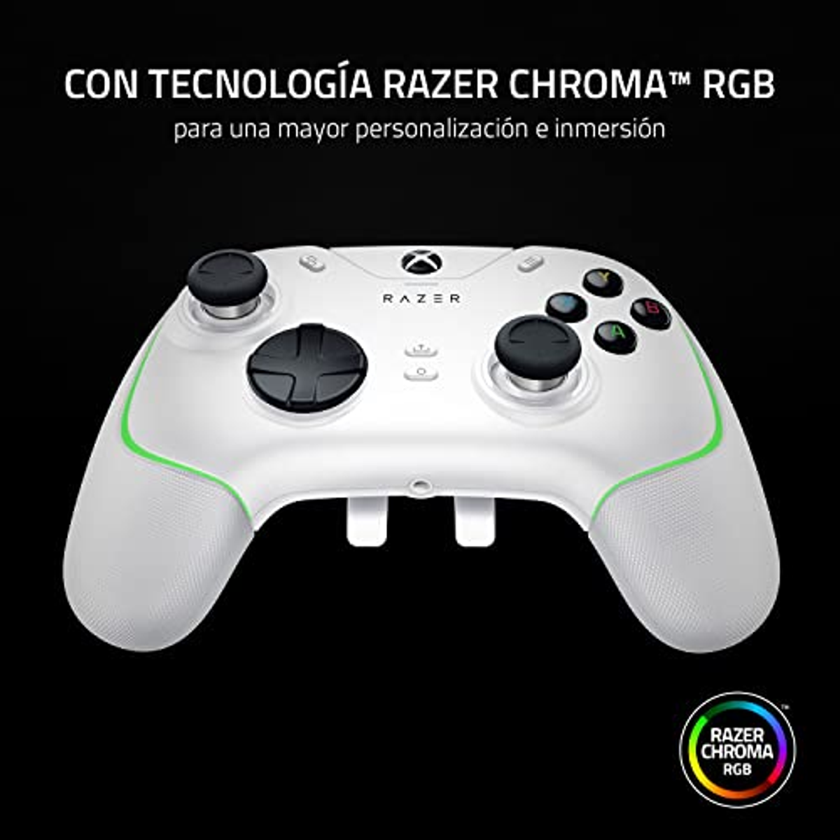 Ein weißer Razer-Gaming-Controller mit grünen Akzenten. Text sagt: Razer Chroma RGB.