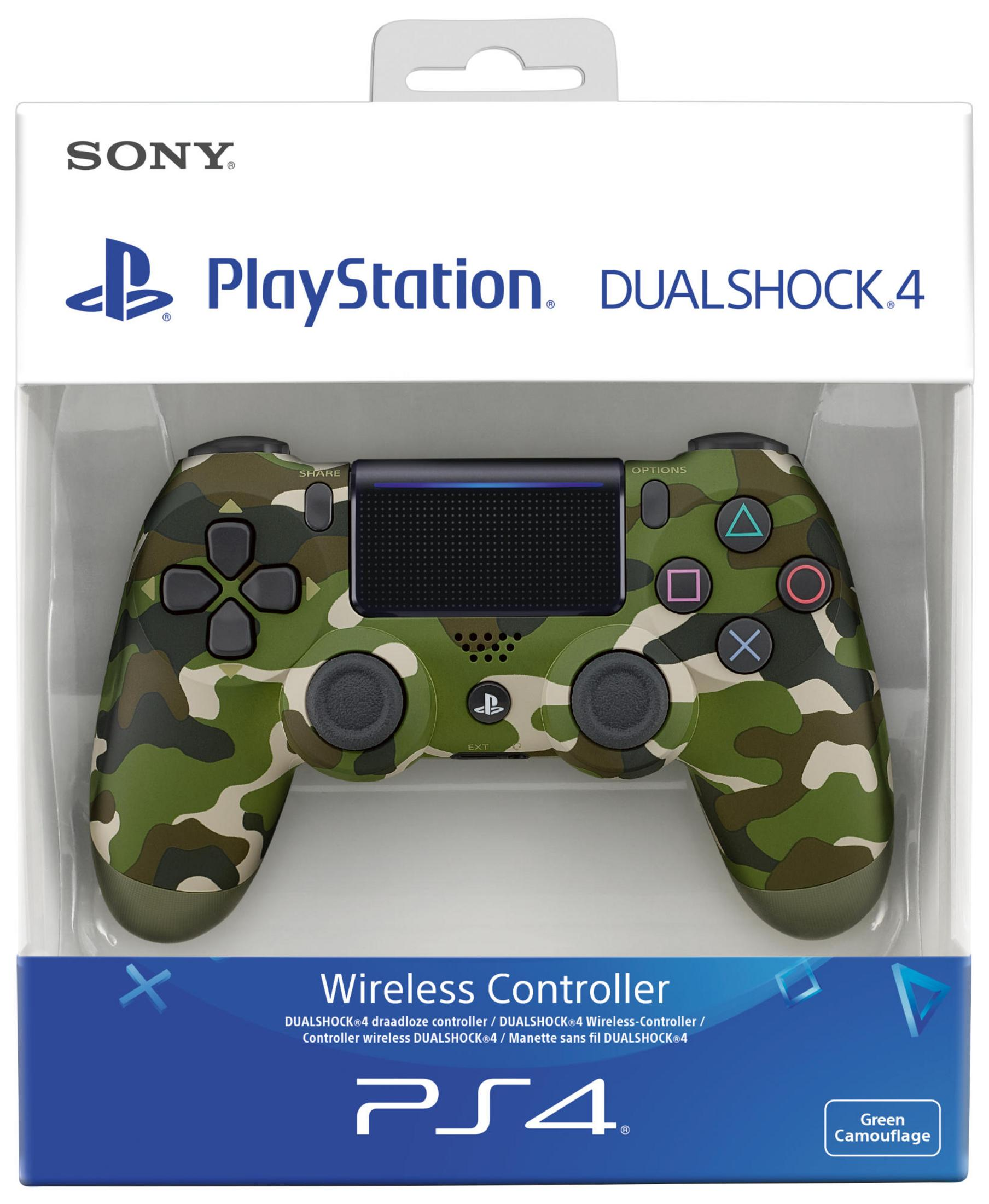 Grüner Camouflage PlayStation DualShock 4 Controller in der Verpackung. Auf der Box steht 'Green Camouflage'.
