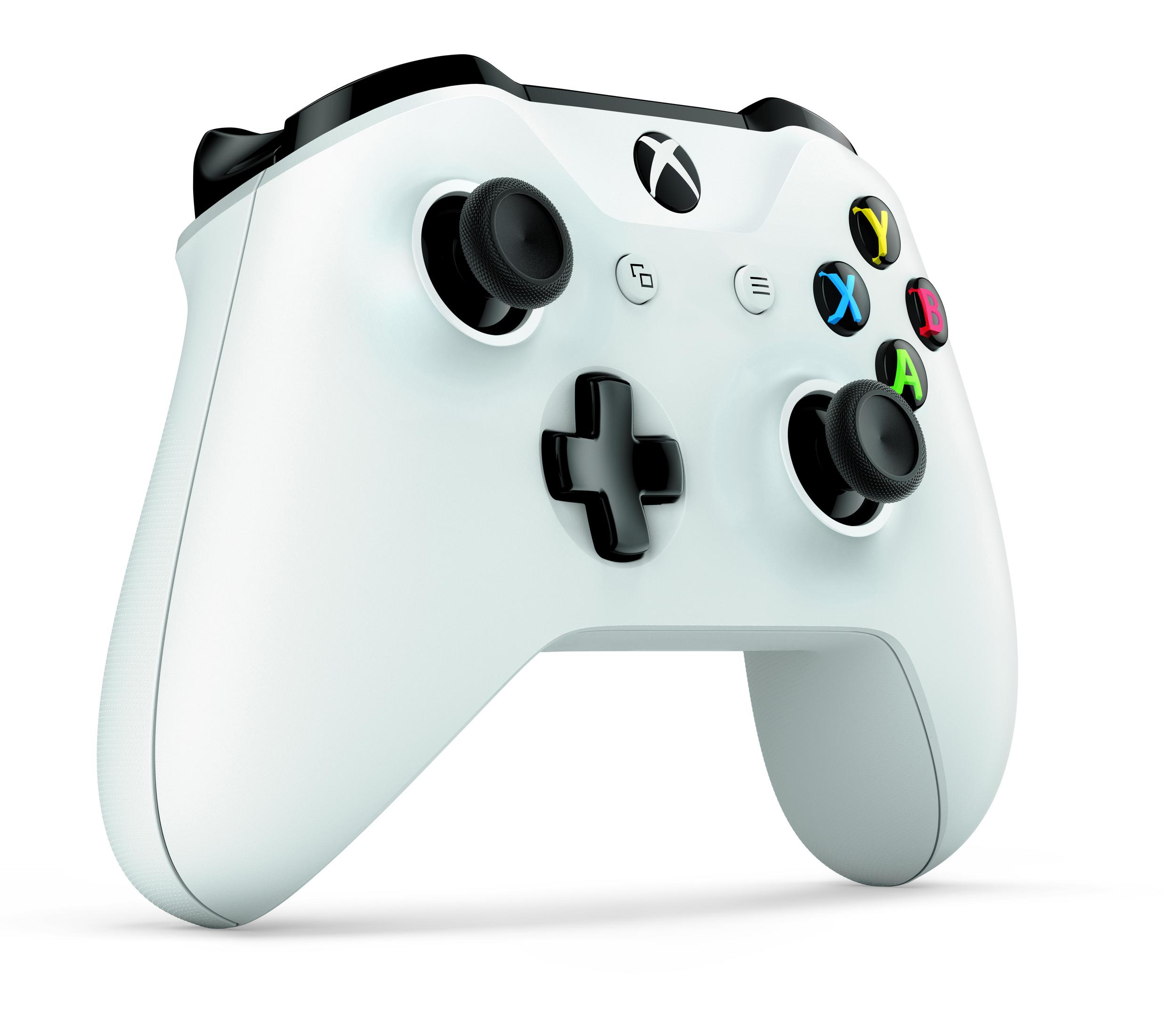 Weißer Xbox-Controller mit schwarzen Thumbsticks, Knöpfen und Xbox-Logo.