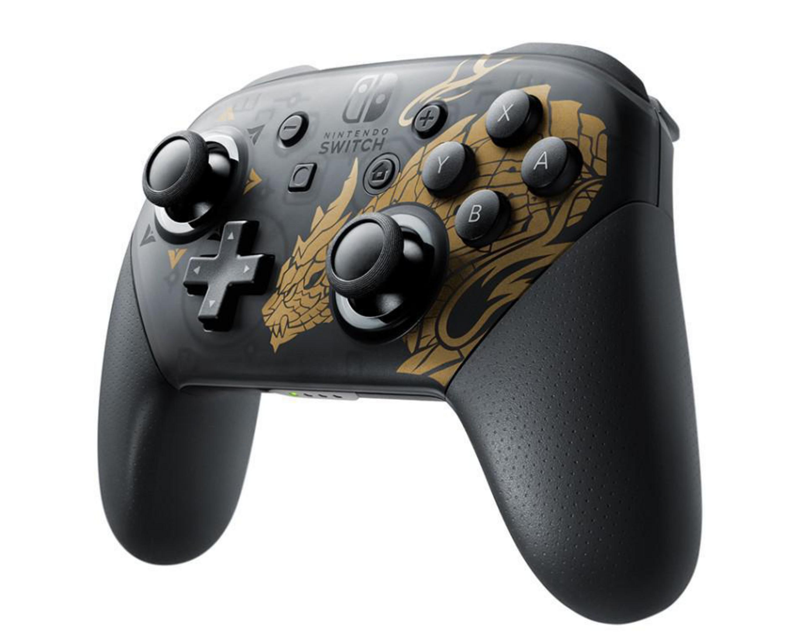 Kontroler Nintendo Switch z czarnym korpusem, złotymi wzorami i przyciskami.