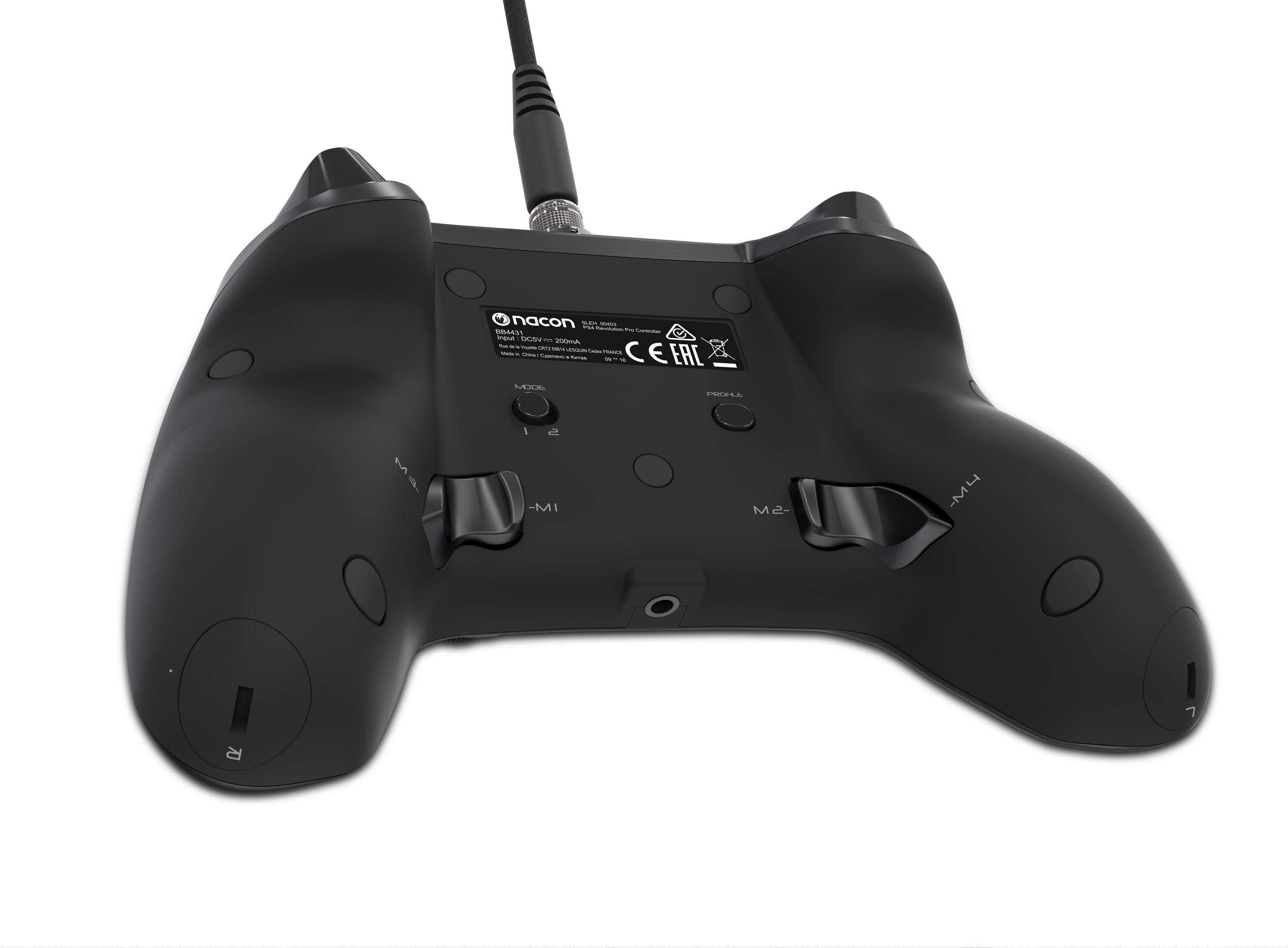 Ein schwarzer Gamecontroller. Es hat Knöpfe und ein Kabel. Die Rückseite des Controllers ist abgebildet.