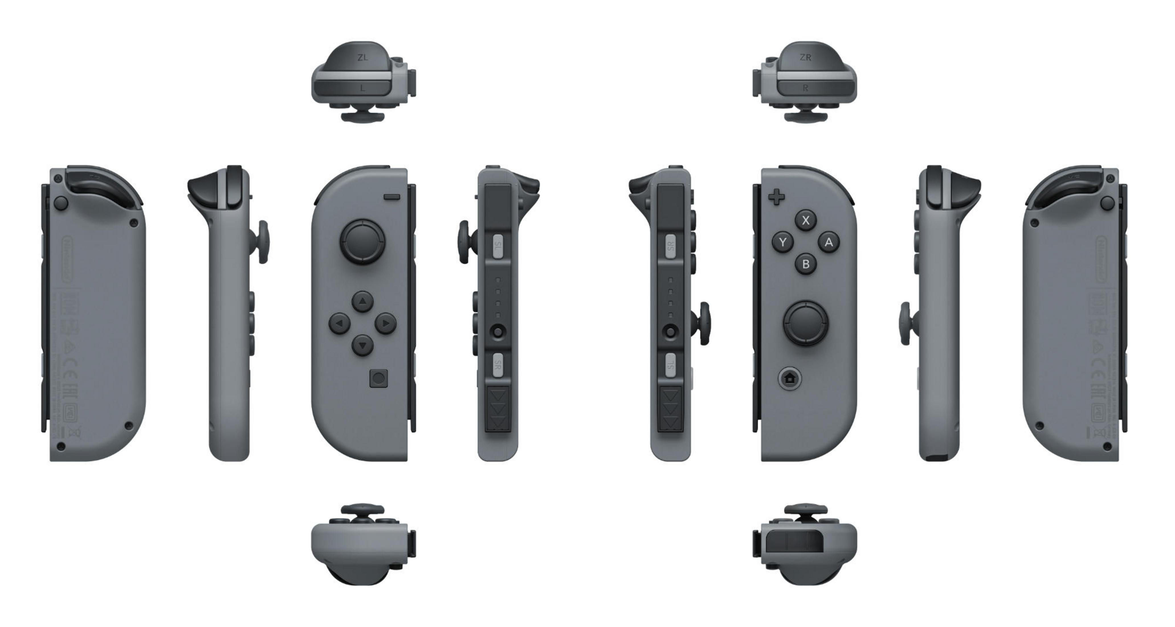 Mehrere Ansichten der grauen Nintendo Switch Controller. Verschiedene Winkel, Knöpfe sichtbar.