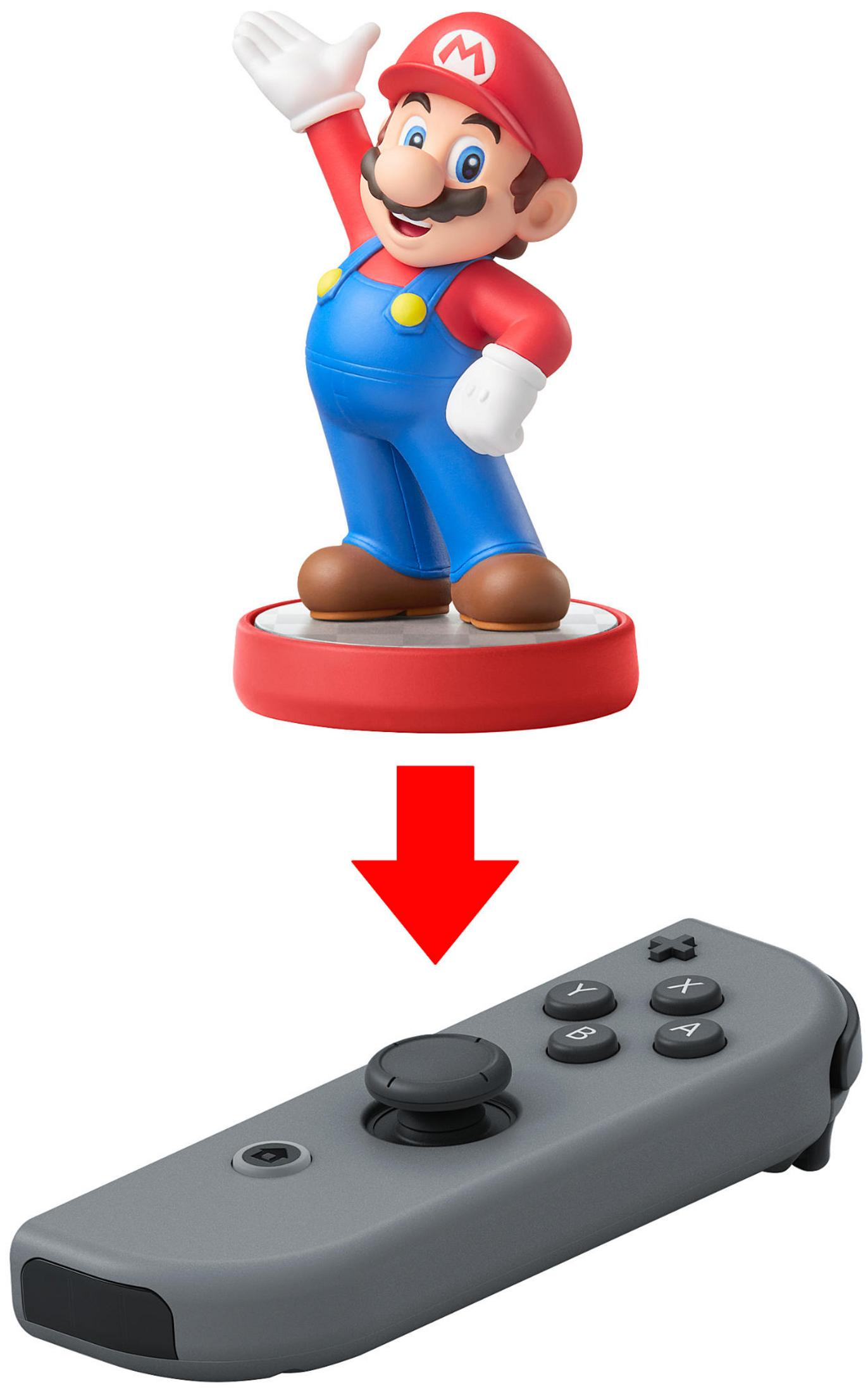Eine Mario-Figur über einem grauen Nintendo Switch-Controller. Ein roter Pfeil zeigt nach unten.