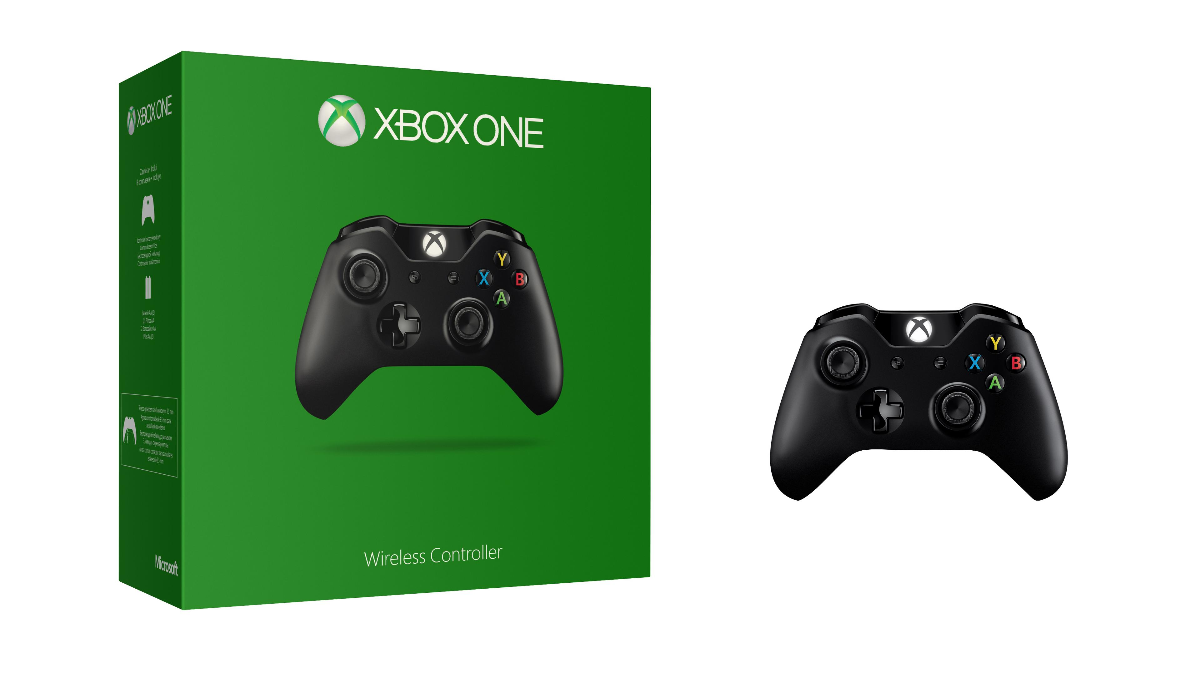 Ein Xbox One Controller und seine Box. Die Box ist grün, der Controller ist vorne abgebildet.