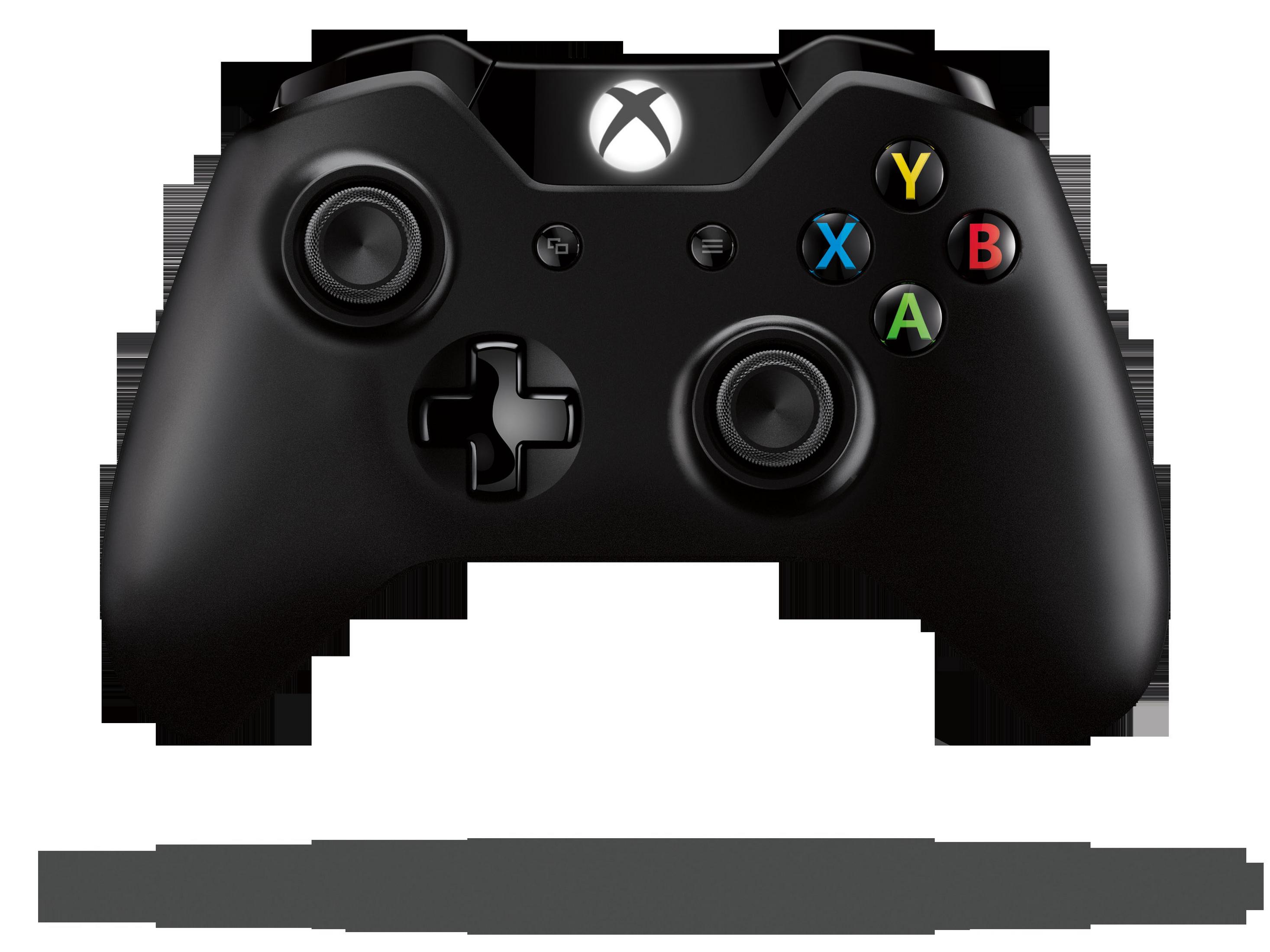 Schwarzer Xbox-Controller mit farbigen Tasten und weißem Logo. Weißer Hintergrund.
