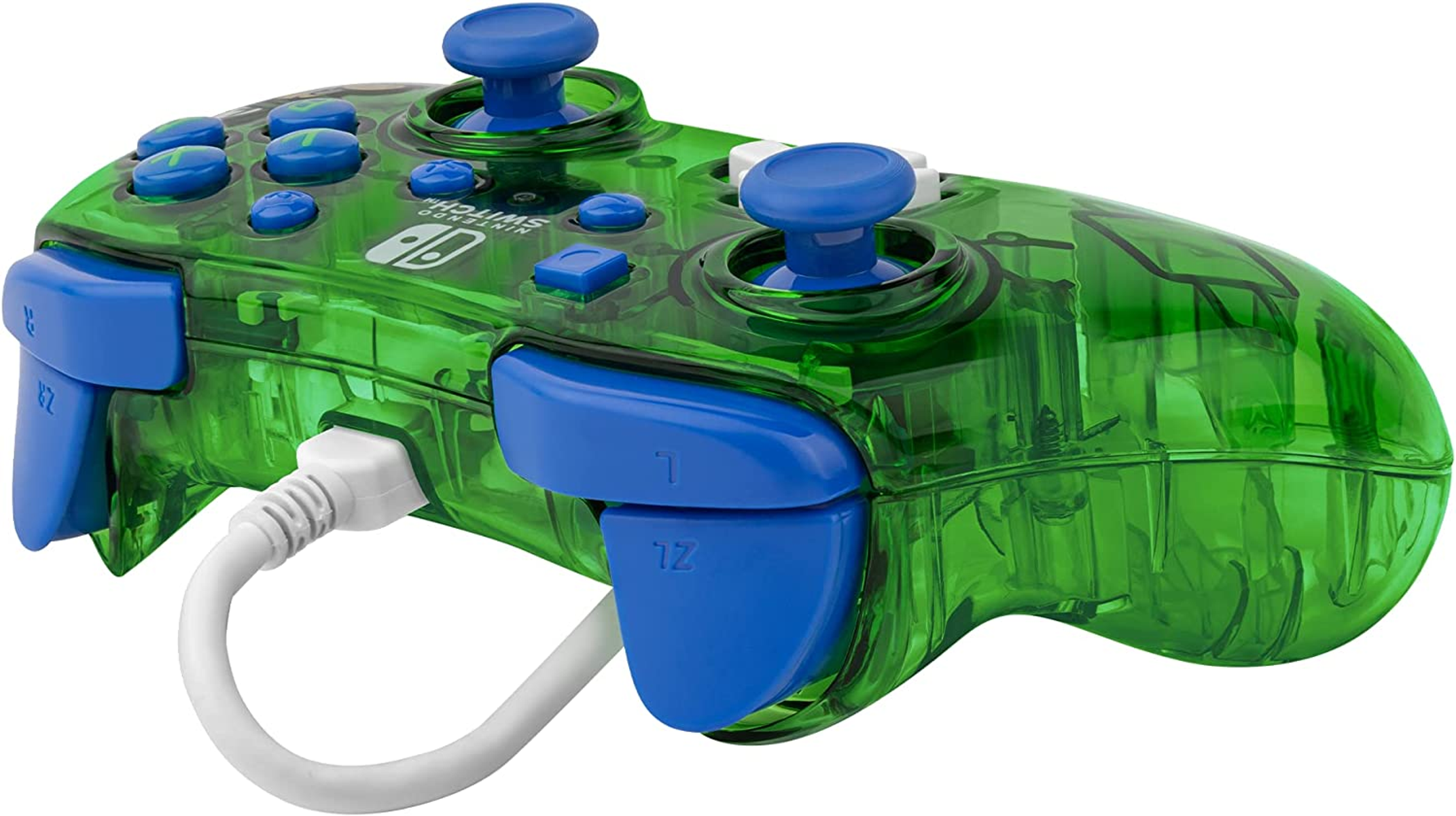 Zielony kontroler Nintendo Switch z niebieskimi przyciskami i joystickami, podłączony do białego kabla.