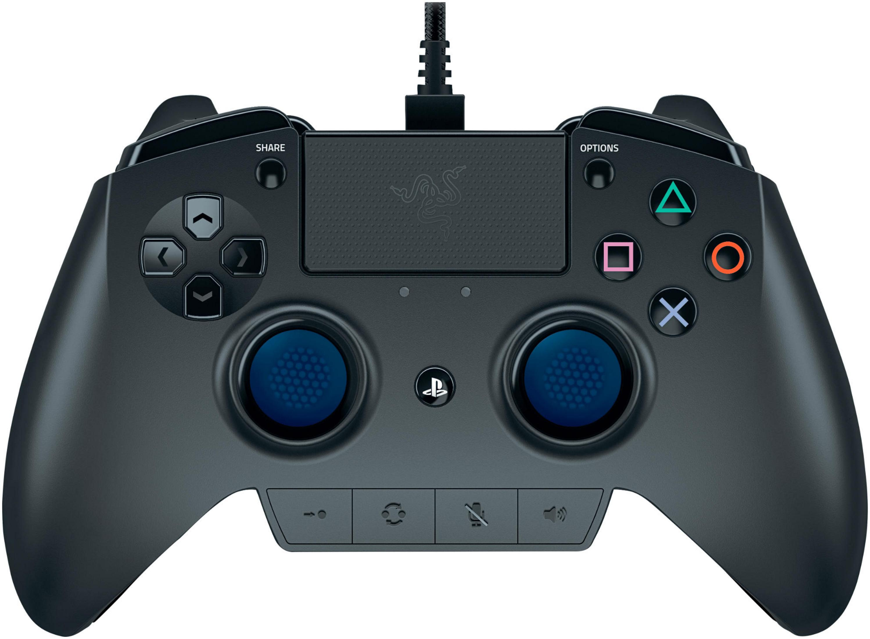 Schwarzer Razer-Gaming-Controller. Verfügt über Tasten, Auslöser und Joysticks mit blauen Akzenten.