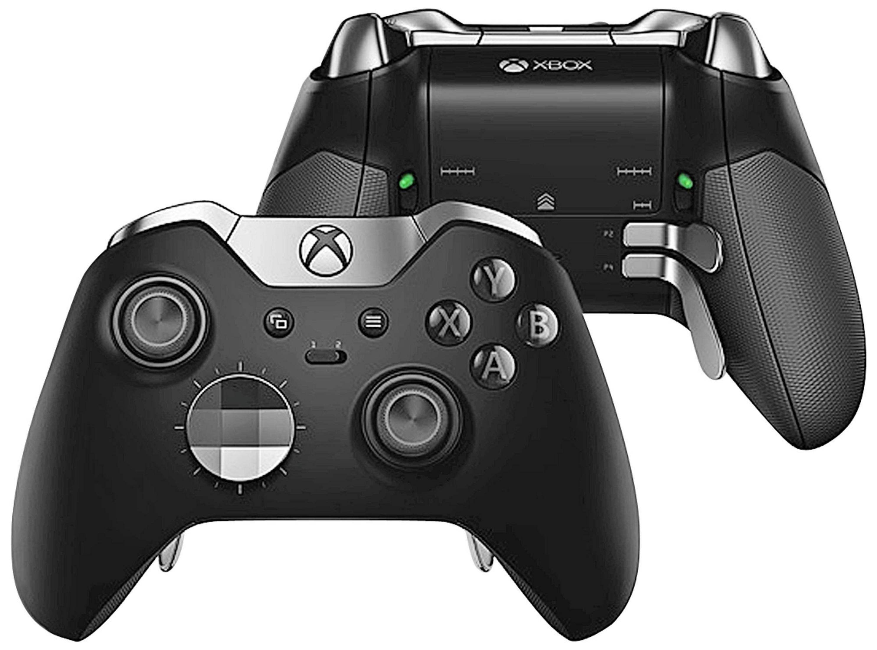 Xbox Elite Series 2 Controller. Schwarzes und silbernes Design. Zwei Controller gezeigt.