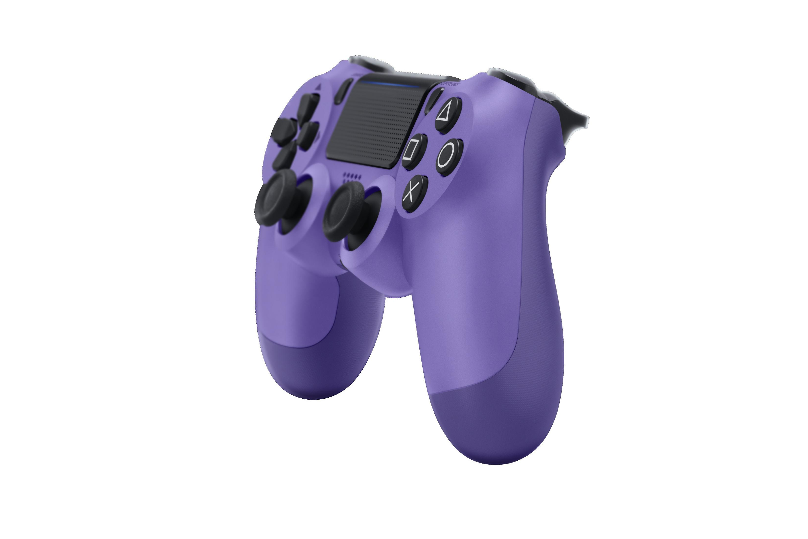 Ein lila PS4-Controller auf weißem Hintergrund. Der Controller hat ein Standard-Tastenlayout.