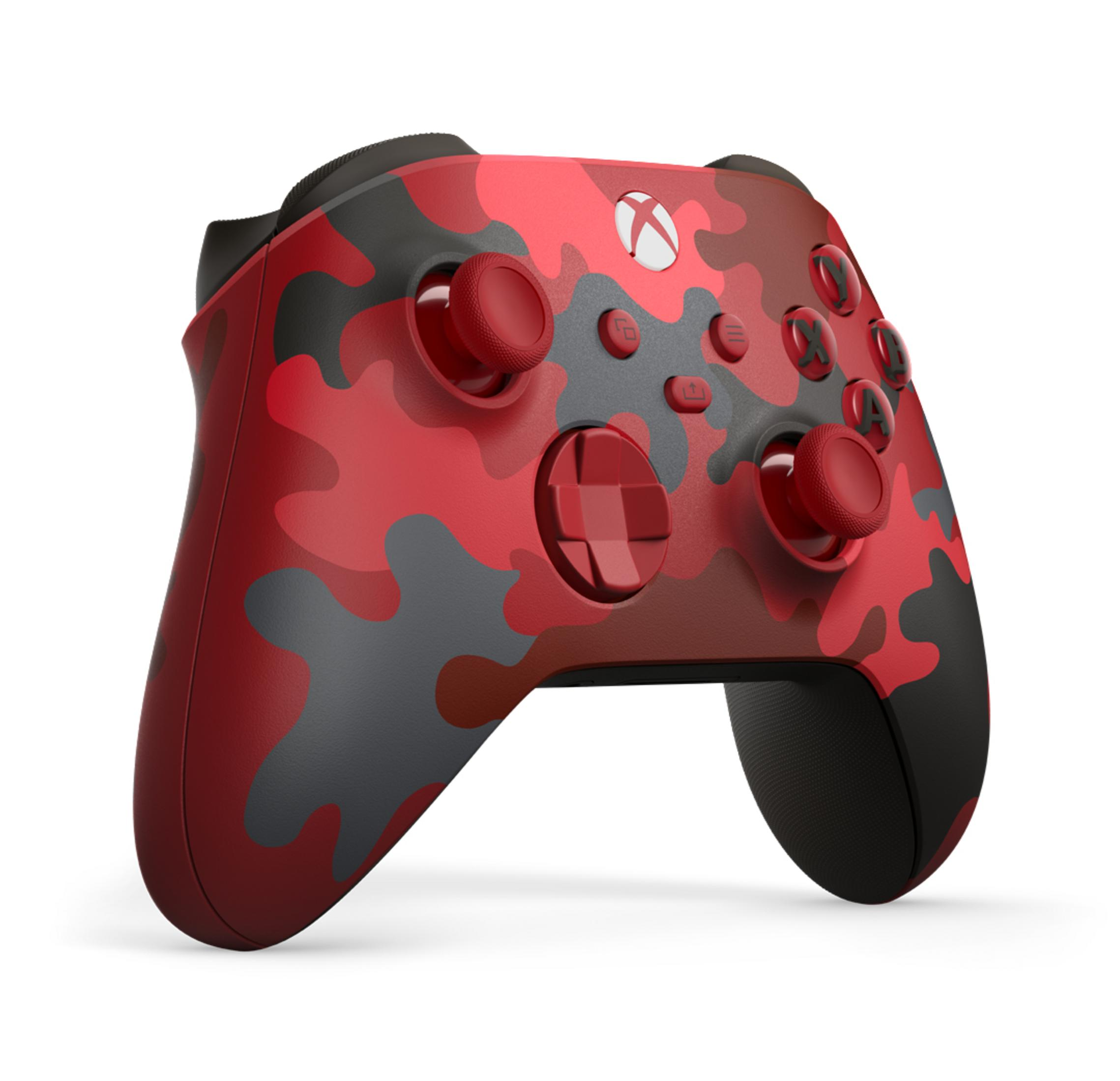 Ein roter Tarnfarben-Xbox-Controller mit schwarzen Akzenten.