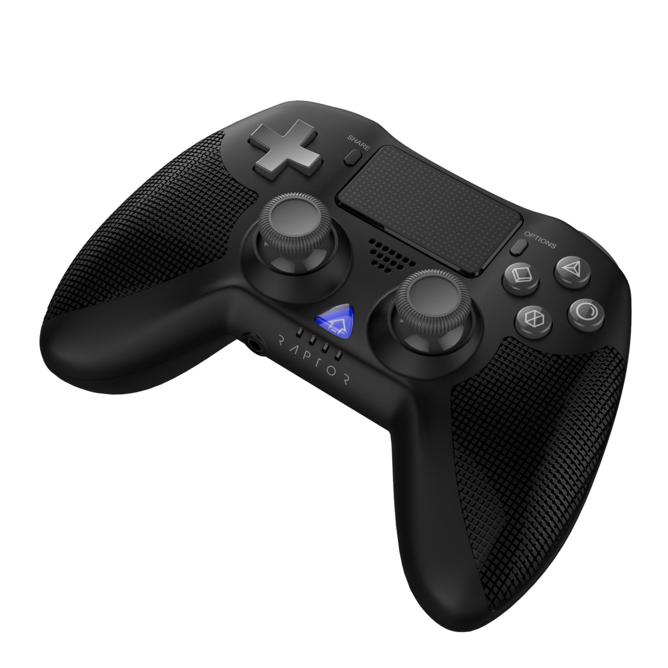 Schwarzer Gamecontroller mit Knöpfen und Joysticks. Hat den Markennamen Raptor.