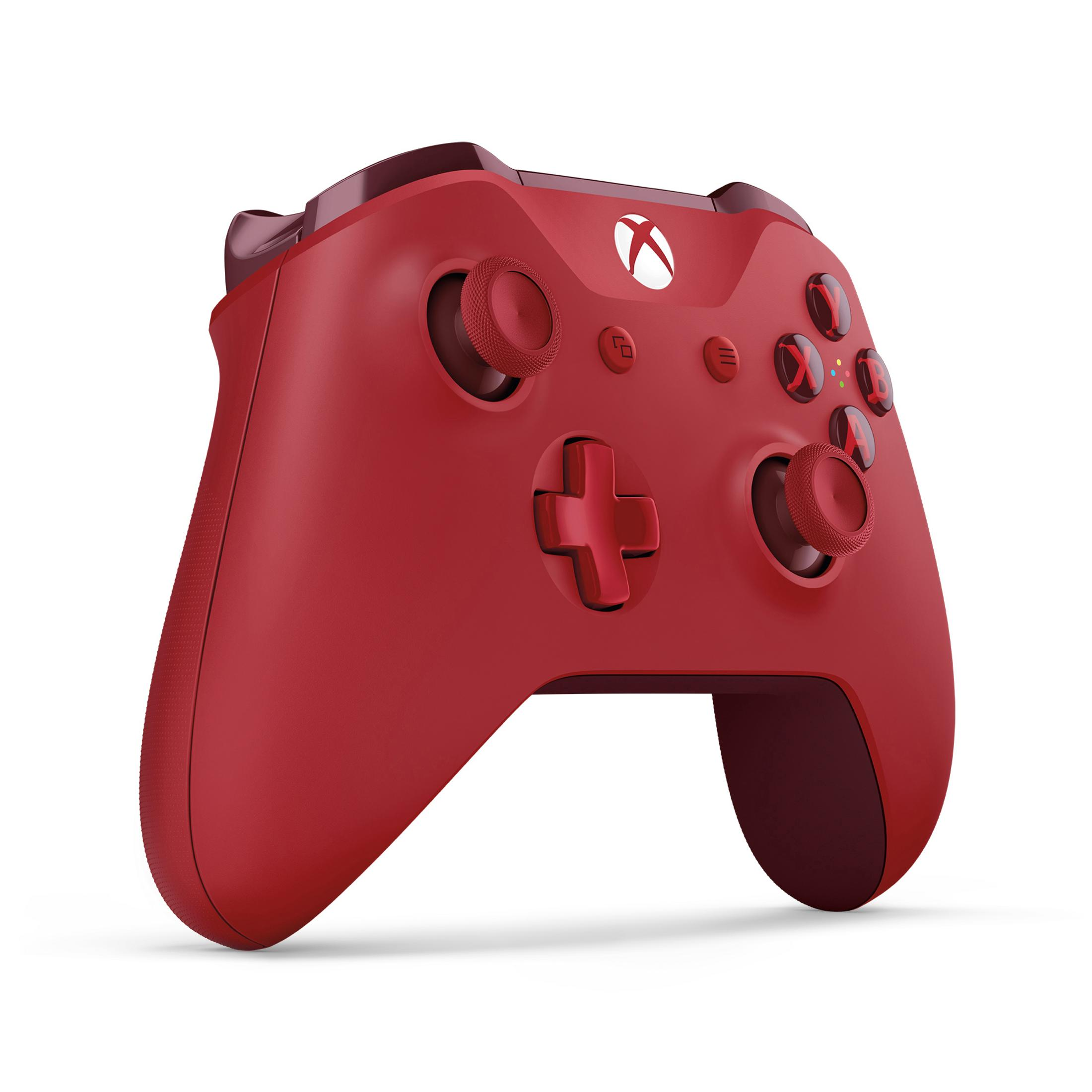 Roter Xbox-Controller. Weißes Xbox-Logo oben. Mehrere Tasten und Joysticks sind sichtbar.