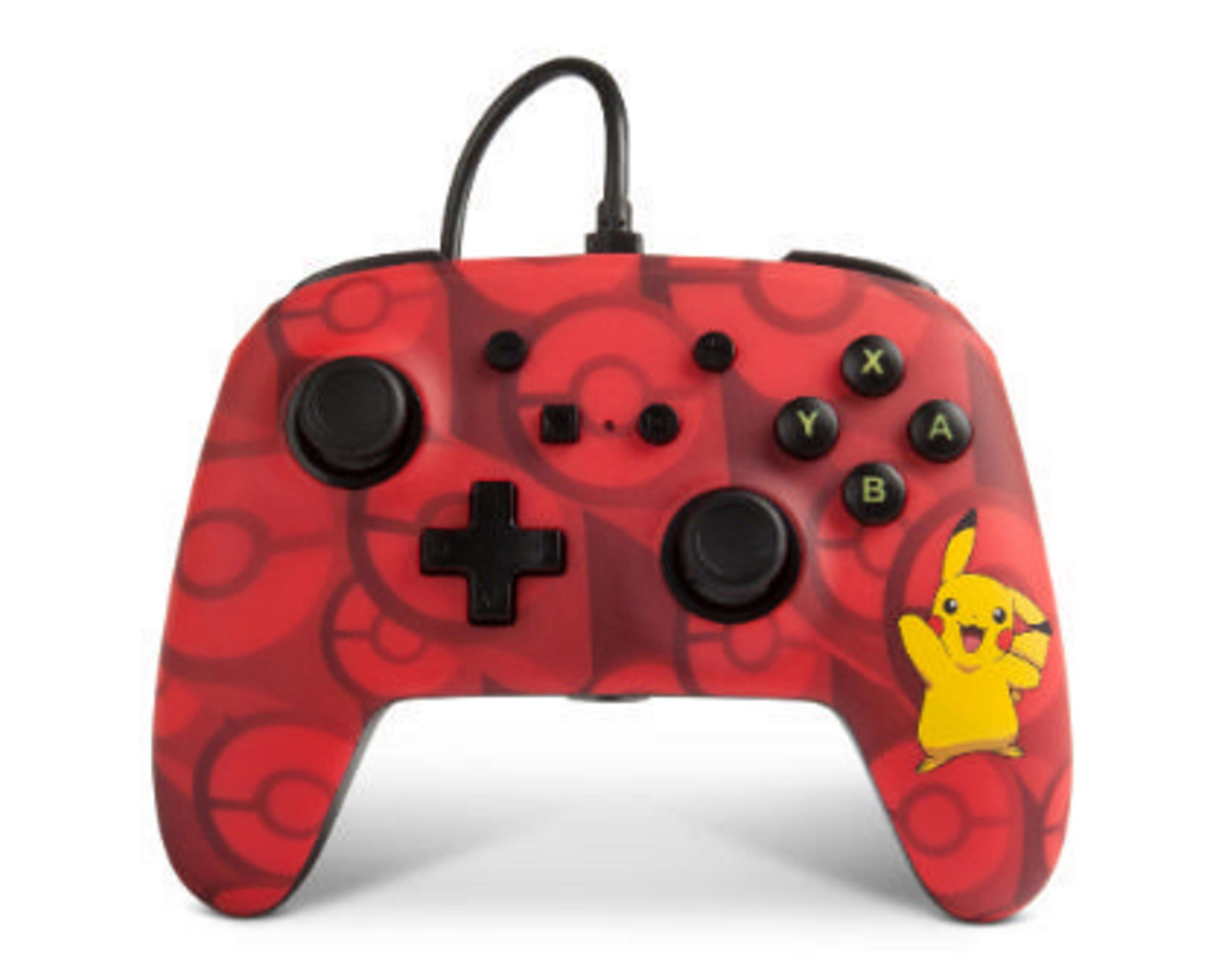 Czerwony kontroler Nintendo Switch Pikachu. Grafika Pikachu po prawej stronie.