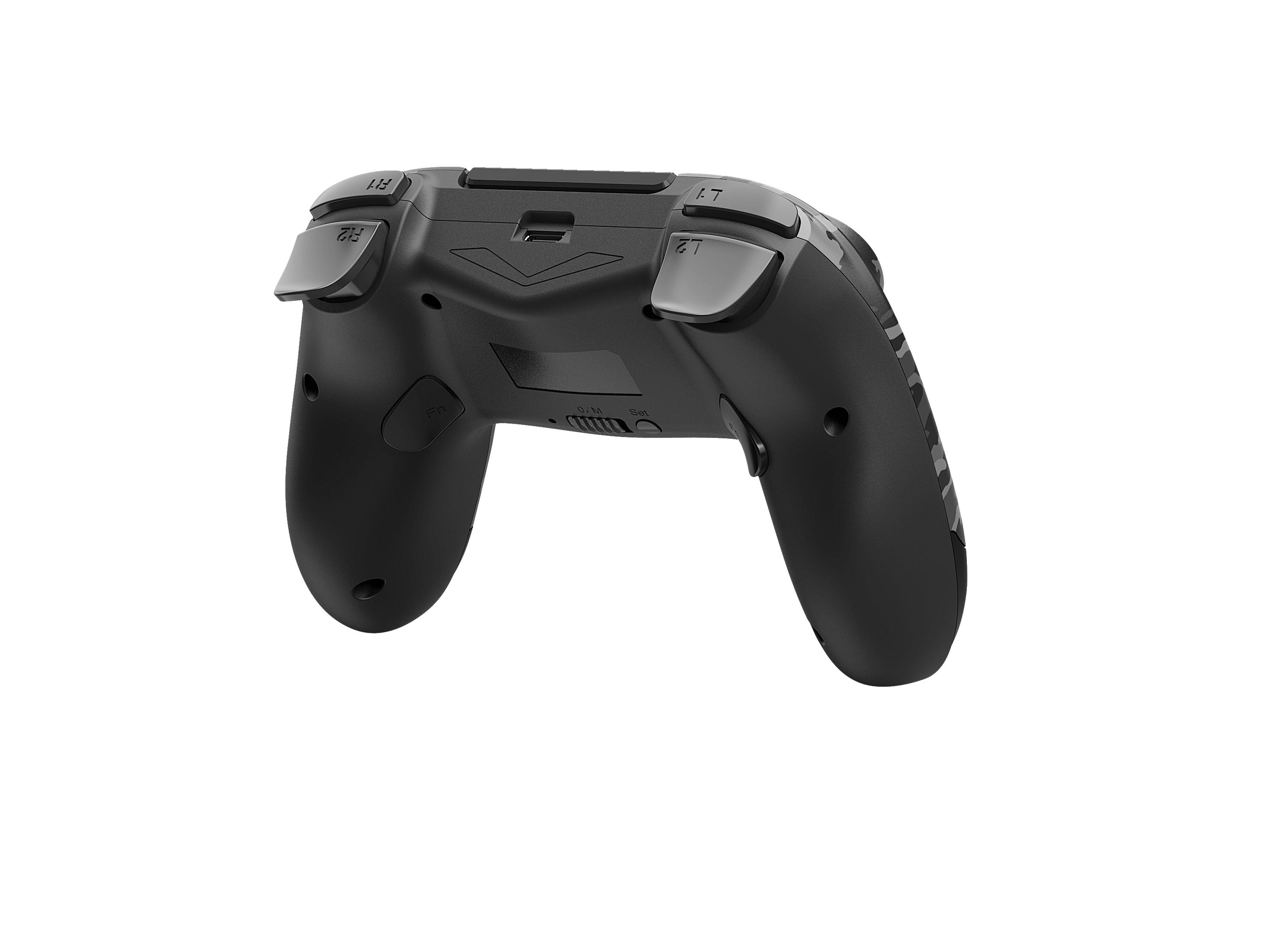 Controller di gioco nero, vista posteriore, sfondo bianco.