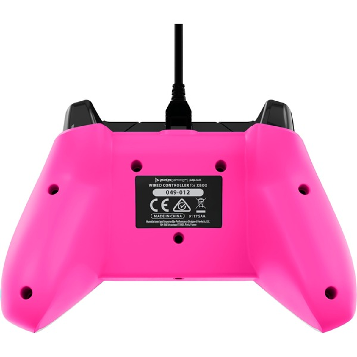 Pink wired controller for Xbox, with black accents and a black cable.