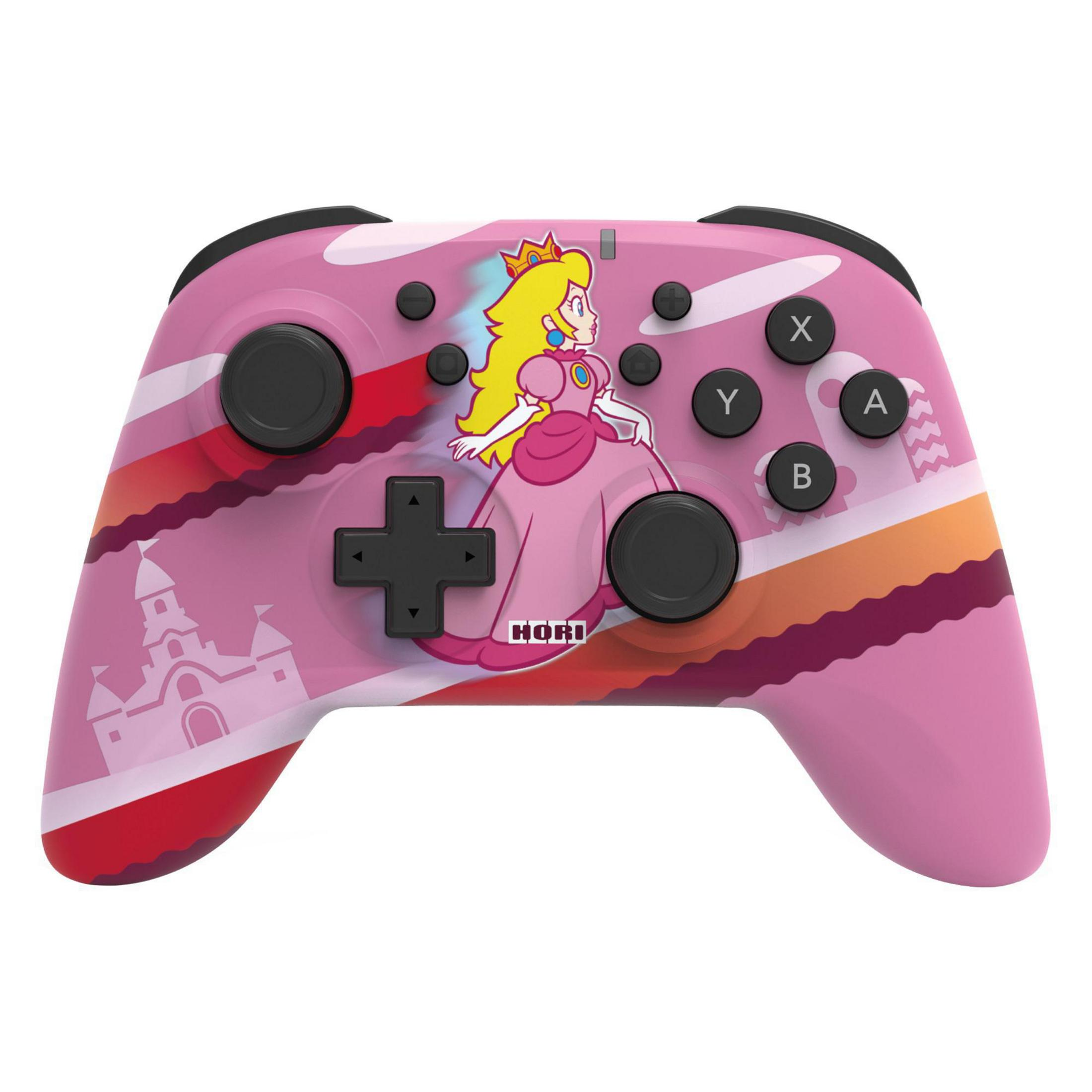 Controller Nintendo Switch rosa con la Principessa Peach sul davanti. Pulsanti e joystick visibili.
