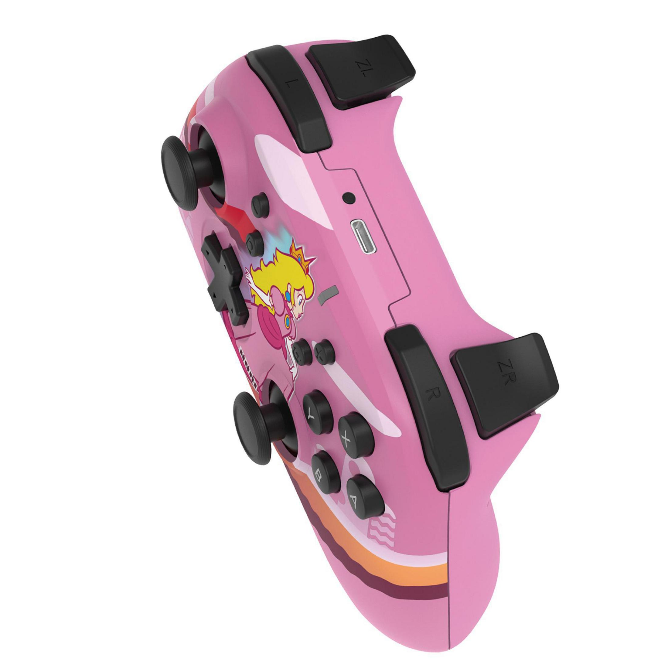 Controller Nintendo Switch rosa. Design Principessa Peach. Pulsanti e joystick neri.