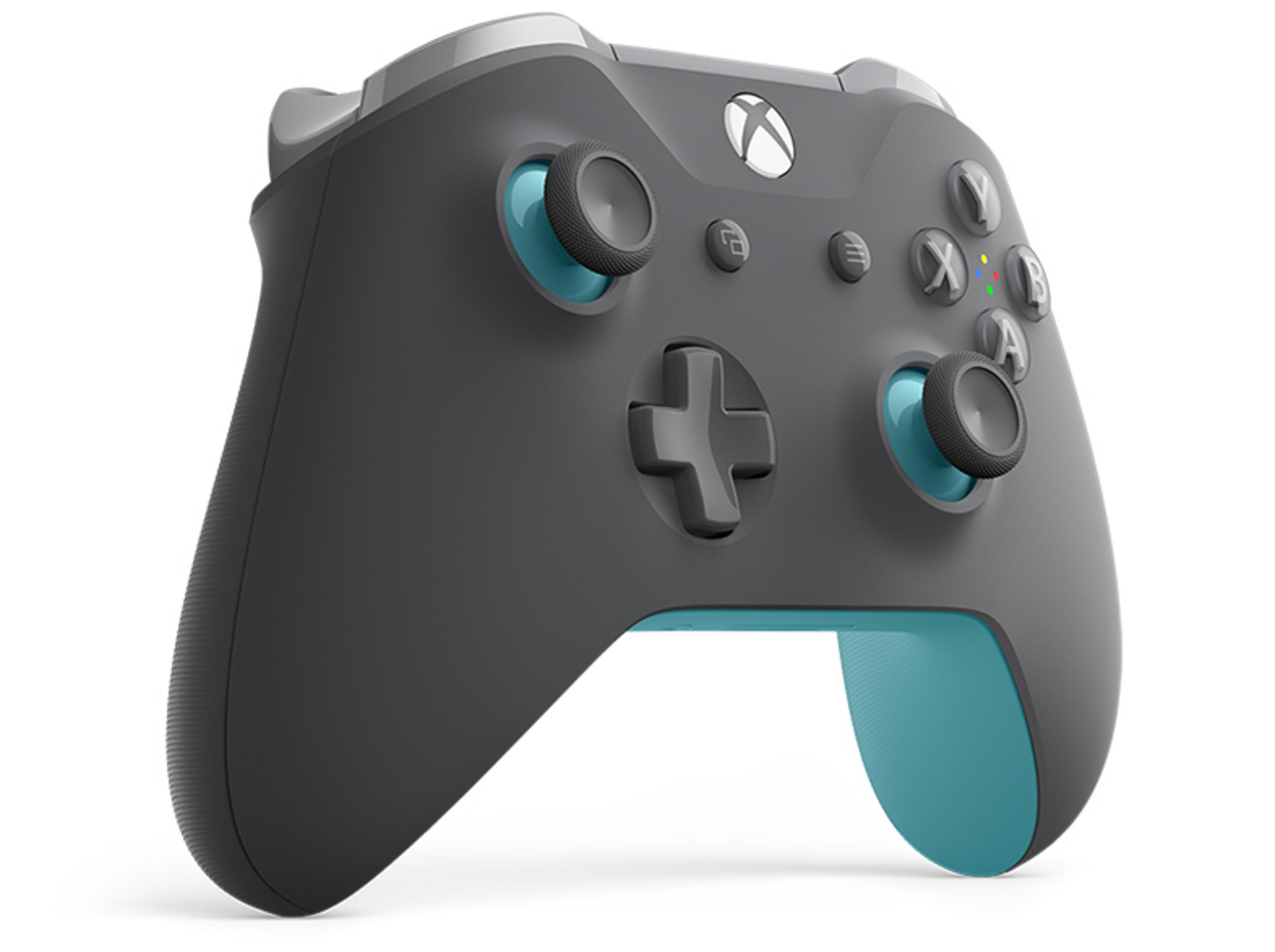 Ein Xbox-Controller. Er ist grau mit blauen Akzenten. Enthält Knöpfe und Steuersticks.