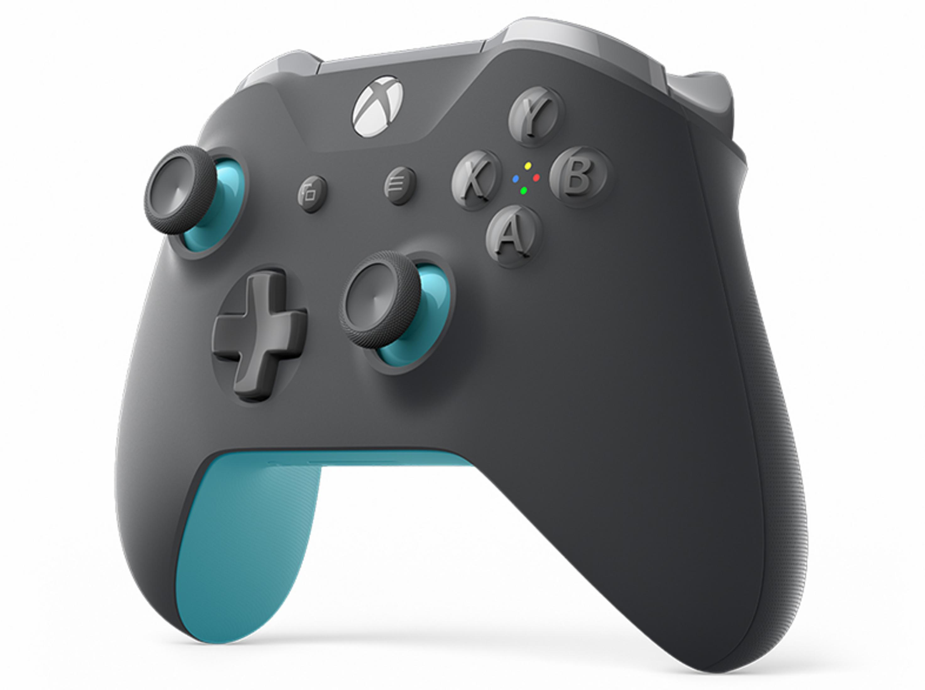 Schwarzer und grauer Xbox-Controller mit blauen Akzenten. Tasten sind farbig beschriftet.
