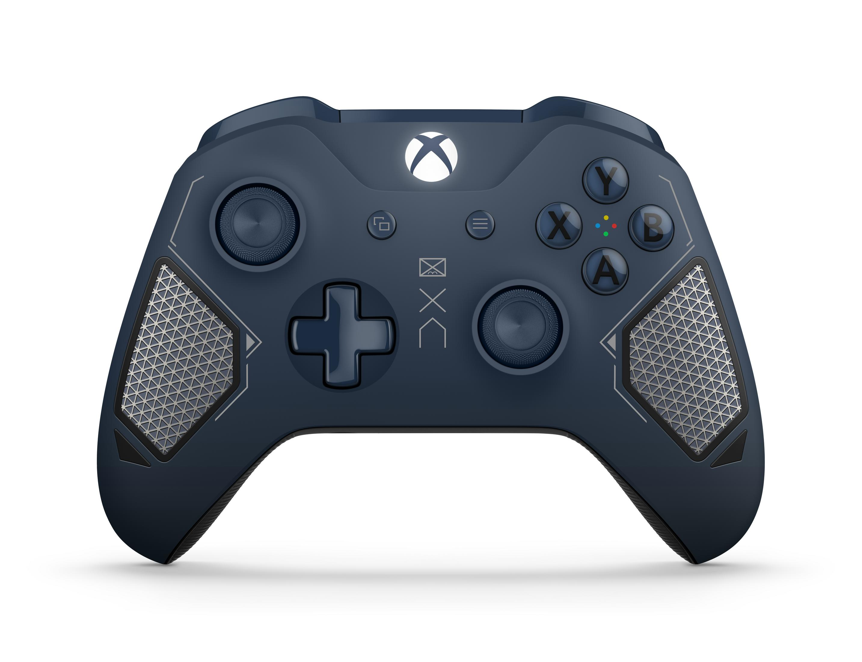 Ein dunkelblauer Xbox-Controller mit verschiedenen Tasten und einem silbernen Grillmuster auf den Griffen.