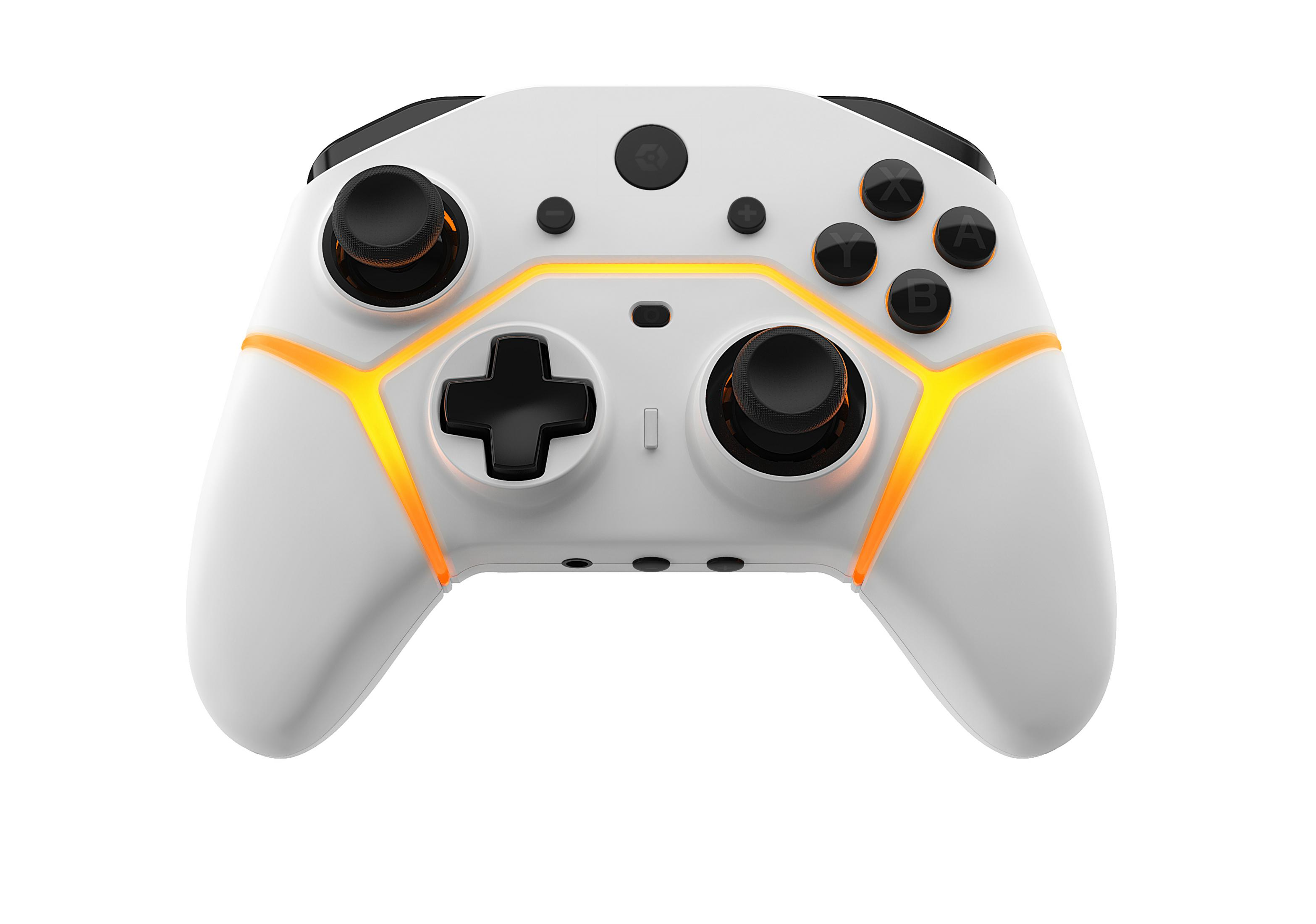 Biały kontroler do gier z pomarańczowymi akcentami i czarnymi przyciskami na białym tle.