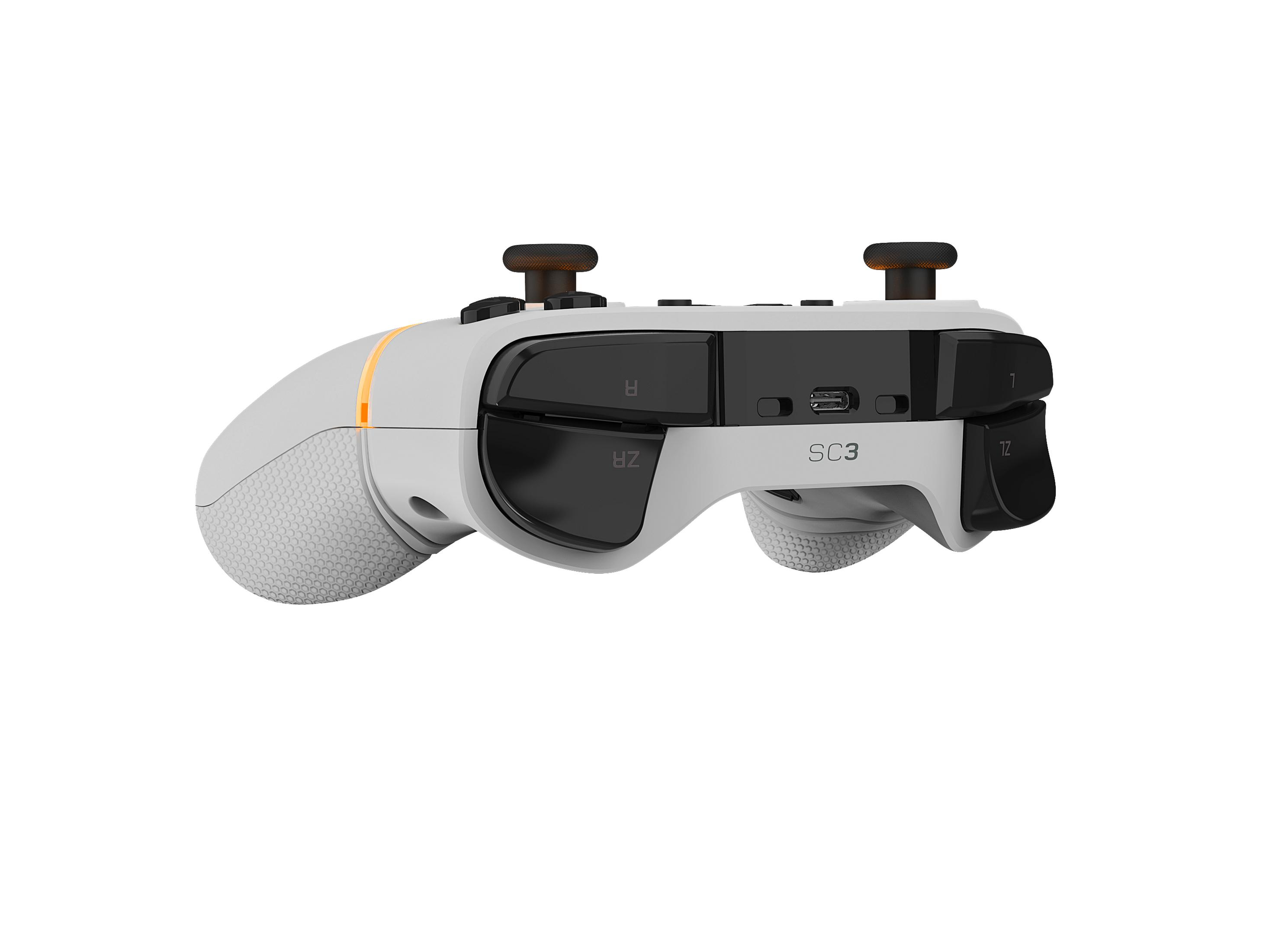 Biało-szary kontroler do gier z czarnymi przyciskami i pomarańczowymi akcentami.