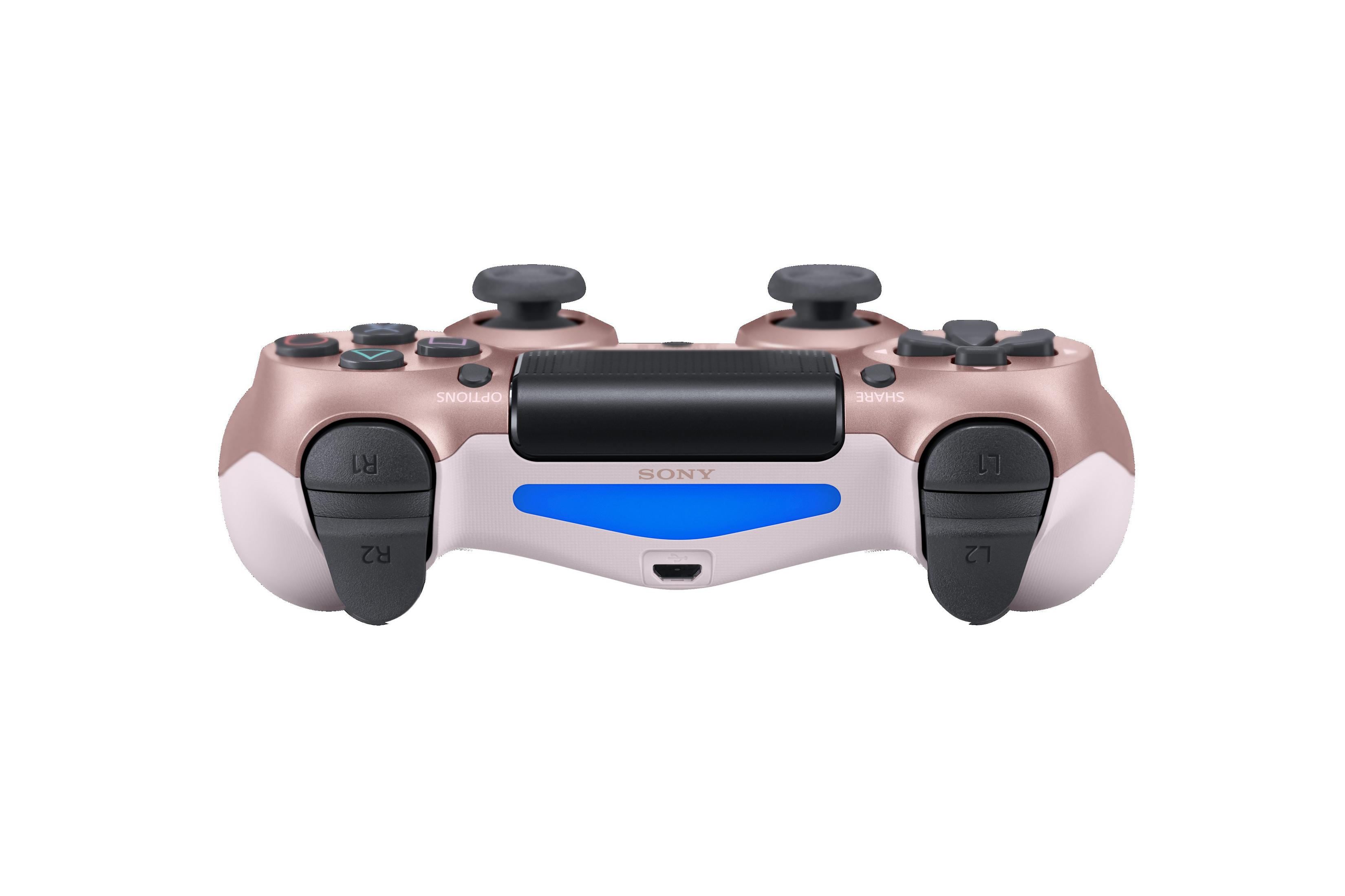 Roségoldener PlayStation 4 Controller. Mit Knöpfen, Joysticks und einem zentralen schwarzen Feld mit 'SONY'.