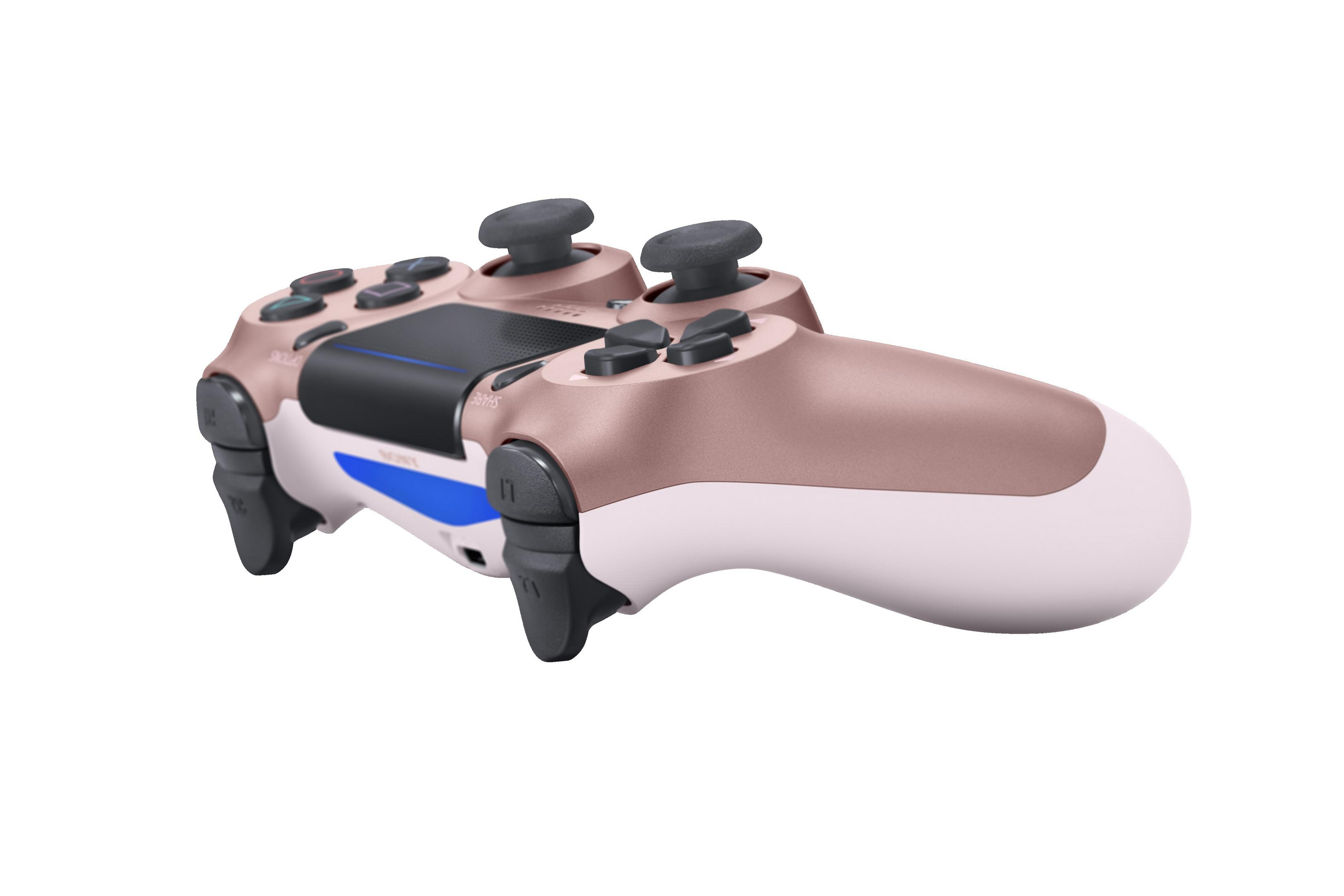 Roségold und weißer Playstation-Controller. Weißer Hintergrund.