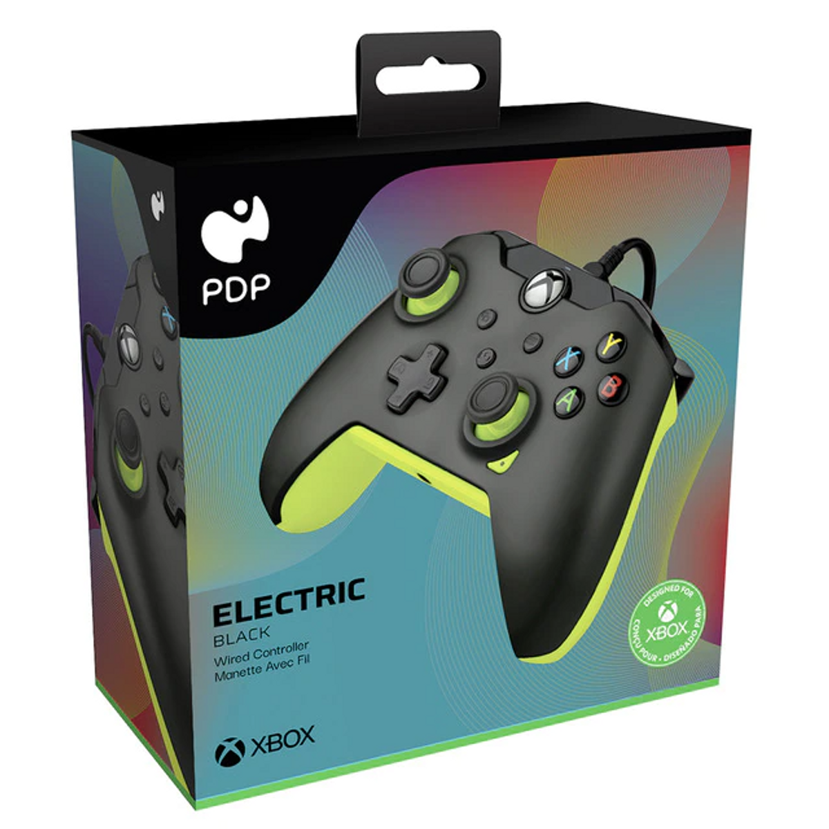 Kontroler Xbox w pudełku z kolorową grafiką.